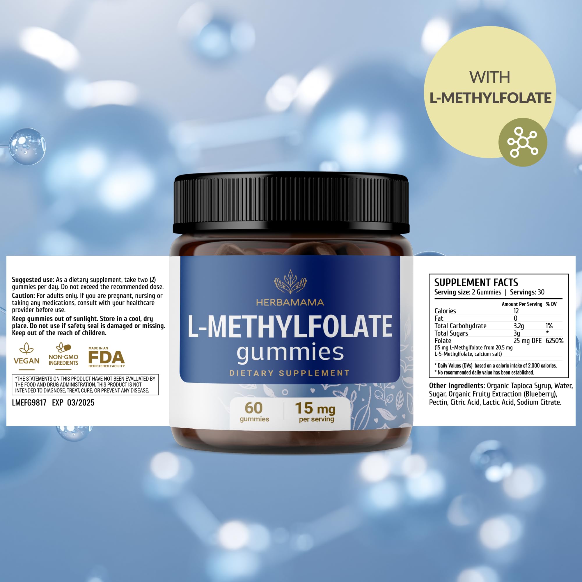 HERBAMAMA L-Methylfolate Gummies - 15mg 5-MTHF Calming Supplement for Adults - Vegan, Non-GMO Methylated Folate (Vitamin B9) for Brain Support - 60 Pectin-Based Blueberry-Flavored Chews