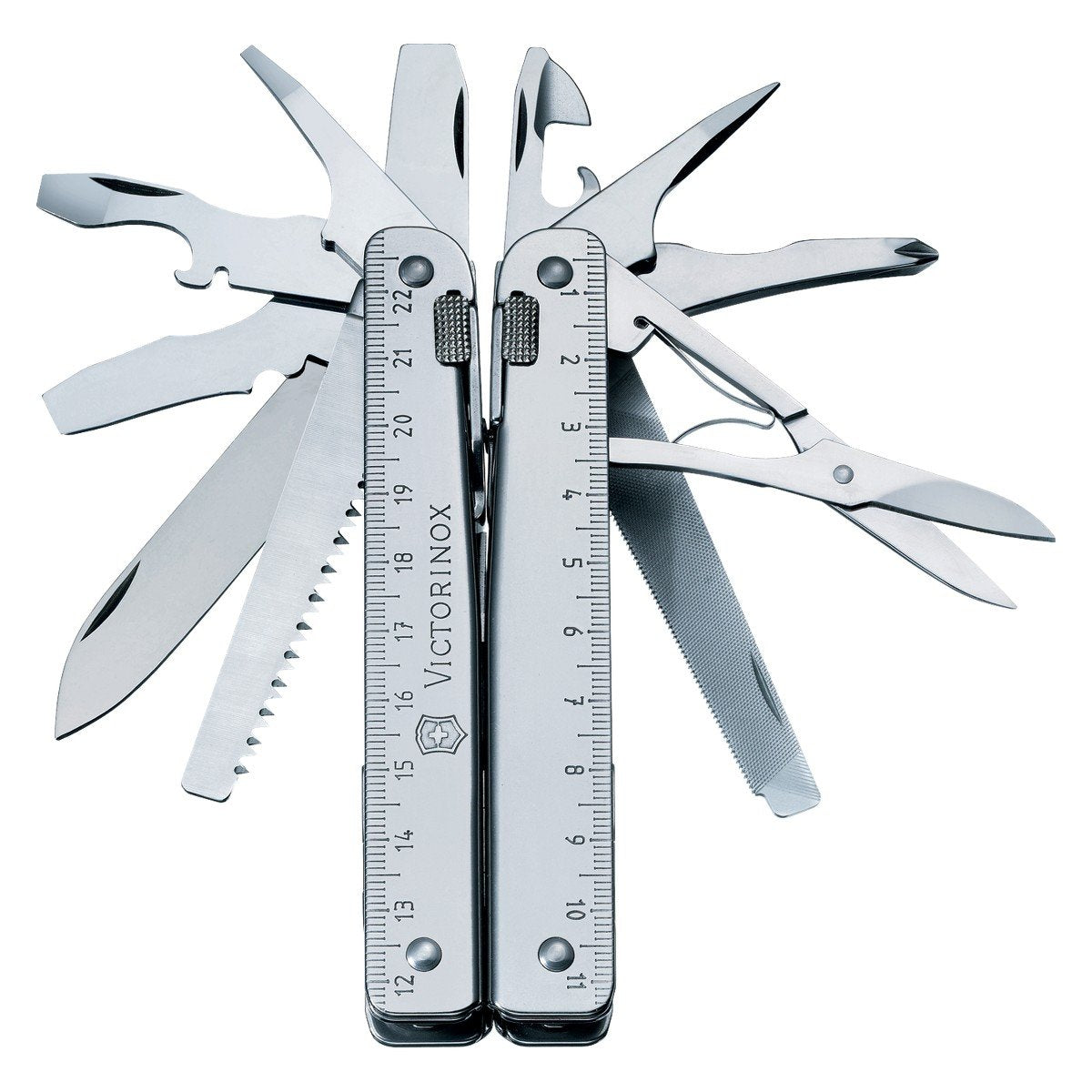 Victorinox Swiss Tool Swiss Army Knife, 24 Function Swiss Made Multi-Tool with Needle-Nose Pliers, Wire Cutters and Large Blade - Silver