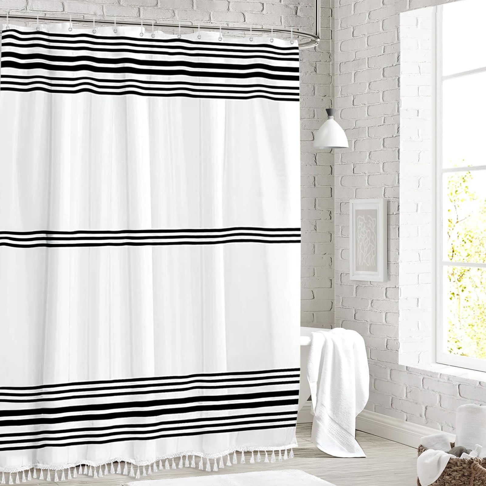 Seasonwood Black and White Shower Curtain with Tassels,Farmhouse Fabric for Bathroom,Heavy Weighted, 72 x 72