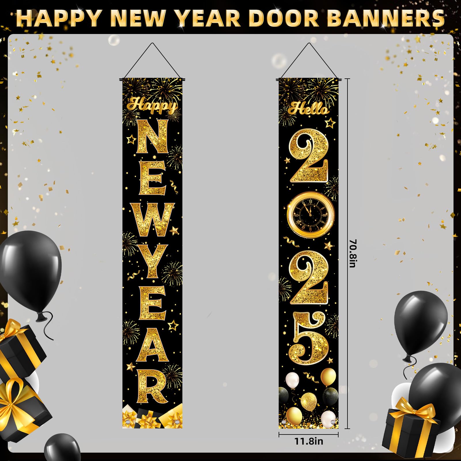 Happy New Year Door Banner, 2PCs New Year Front Door Banner 2025 Black Gold New Year Front Porch Hang Door Banners Sign Set New Years Eve Party Supplies Happy New Year Decorations, 71x12 Inch