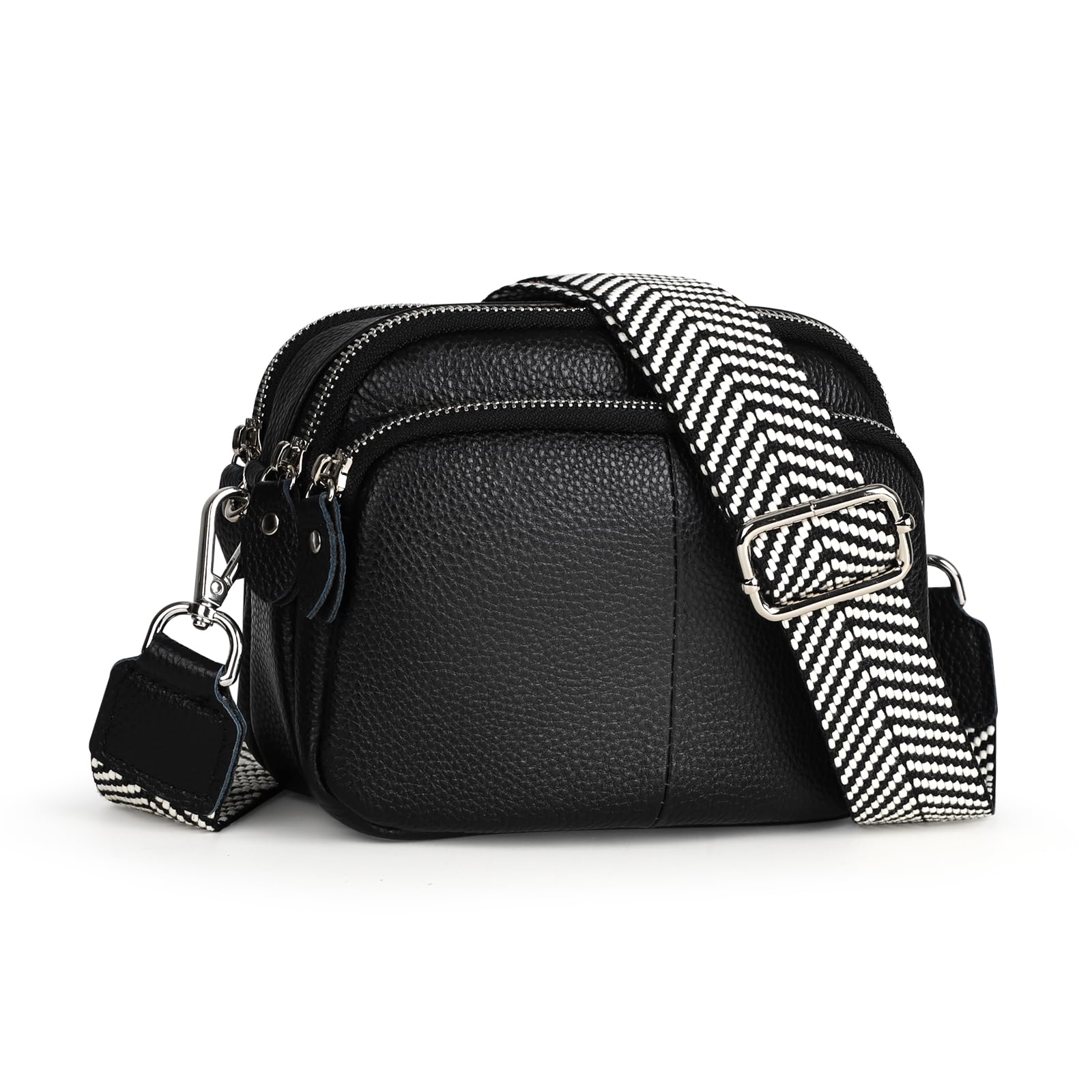befen Black Small Genuine Leather Triple Zip Genuine Leather Camera Crossbody Bags for Women,Cell Phone Purse Shoulder Handbags with Credit Card Slots