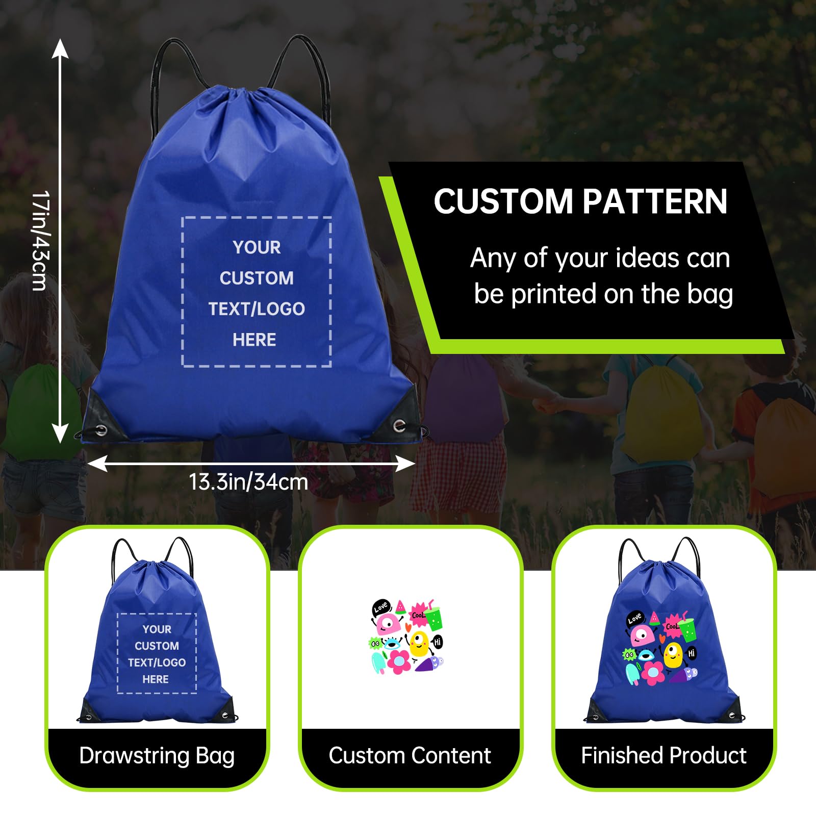 JEOHLORY pack of 100 Custom Bags With Your Logo,customized backpack,promotional items,Drawstring Backpacks,Great for Everyday Use (Custom Treasure Blue)