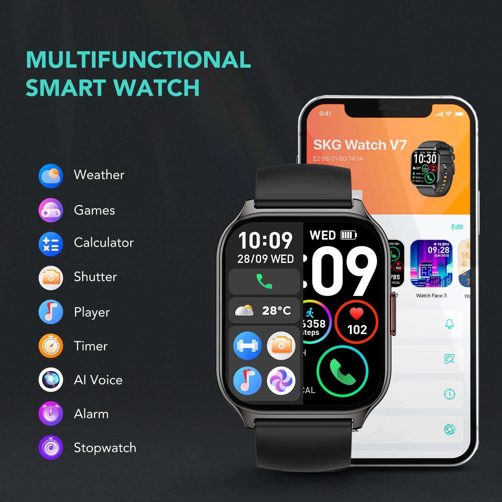 SKG Smart Watch for Men Women(Answer/Make Call) 1.95" Smartwatch for Android iPhone, 123+ Sports Fitness Tracker with Game/Calculator/Weather IP68 Waterproof Sleep Monitor, V7-2 Black