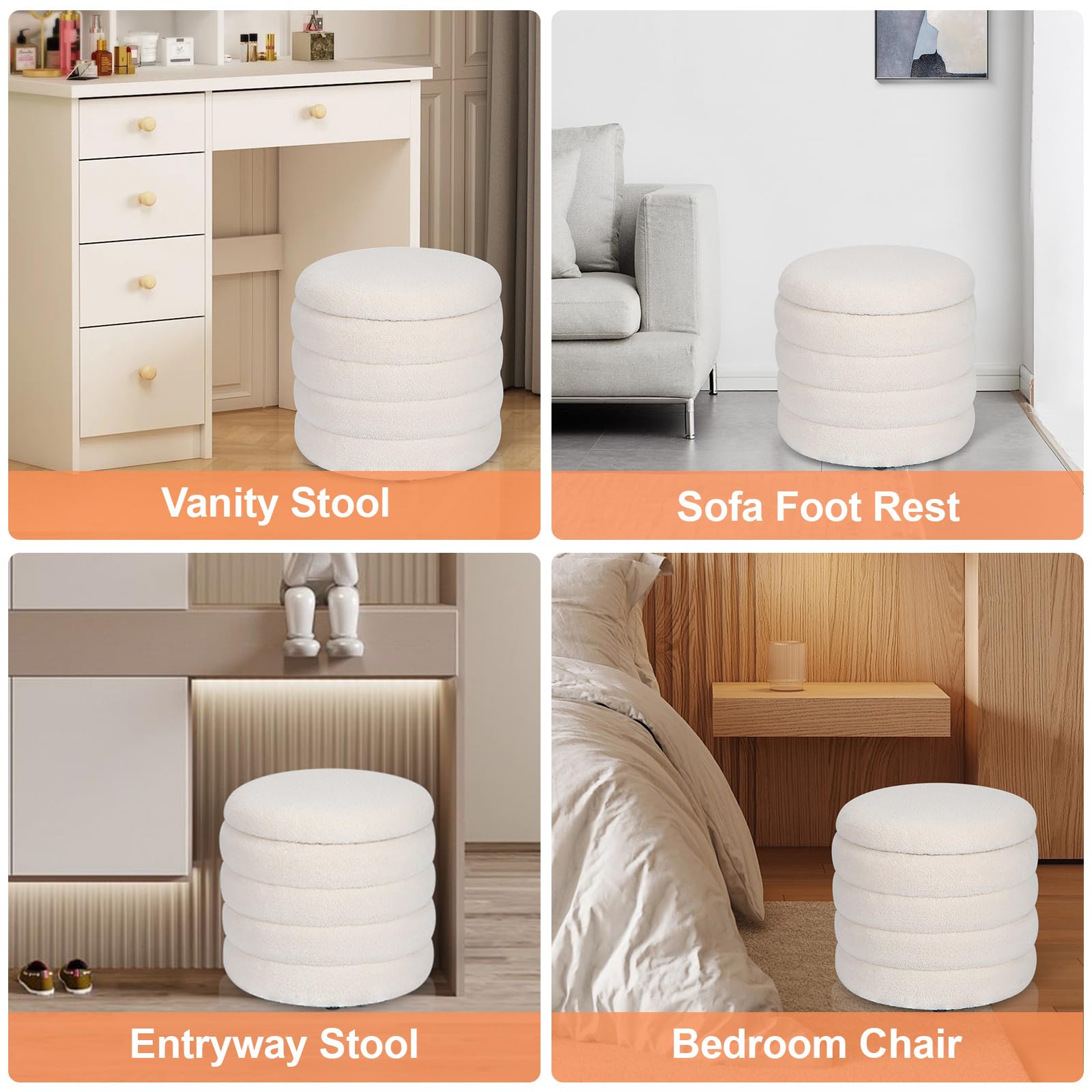 Dolift Teddy Sherpa Round Ottoman with Storage, Modern Upholstered Vanity Stool Foot Rest, Small White Boucle Storage Ottoman for Bedroom, Living Room, Entryway, Dorm
