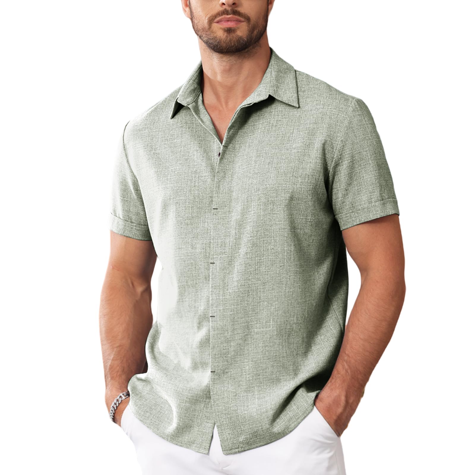 MAPICK Men's Dress Linen Shirts Short Sleeve Button Down Stylish Shirt Summer Casual Clothes Vacation Beach Tops(A-Sage Green,Large)