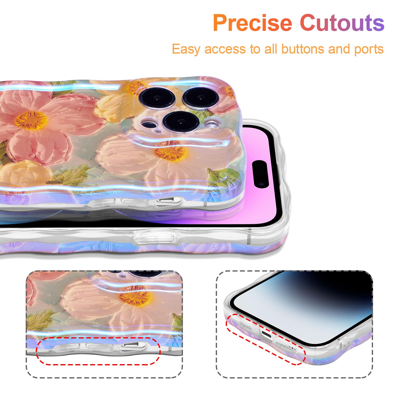 EYZUTAK Case for iPhone 14 Pro, Colorful Retro Oil Painting Printed Flower Laser Glossy Pattern Cute Curly Waves Border Exquisite Phone Cover Stylish Durable TPU Protective Case for Girls Women -Green