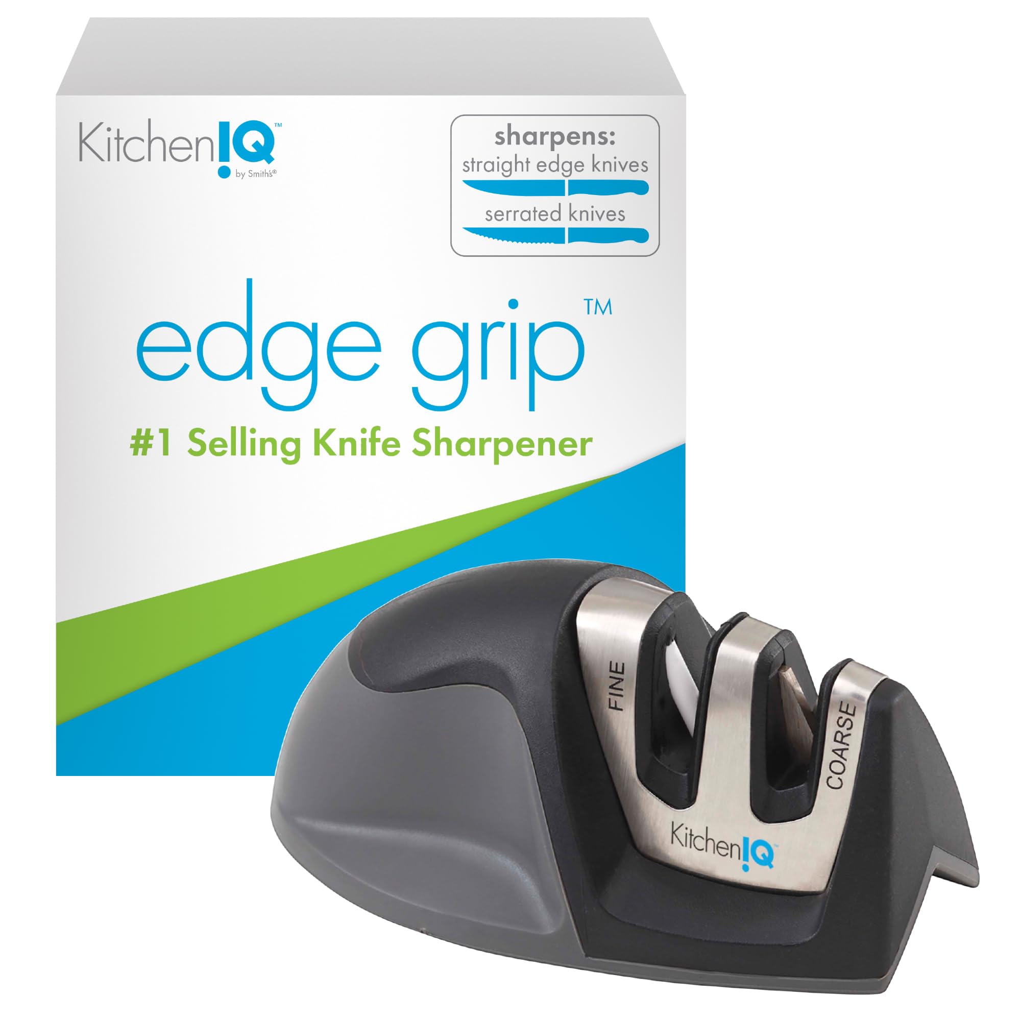 KitchenIQ 50009 Edge Grip 2-Stage Knife Sharpener, Black, Coarse & Fine Sharpeners, Compact for Easy Storage, Stable Non-Slip Base, Soft Grip Rubber Handle, Straight & Serrated Knives