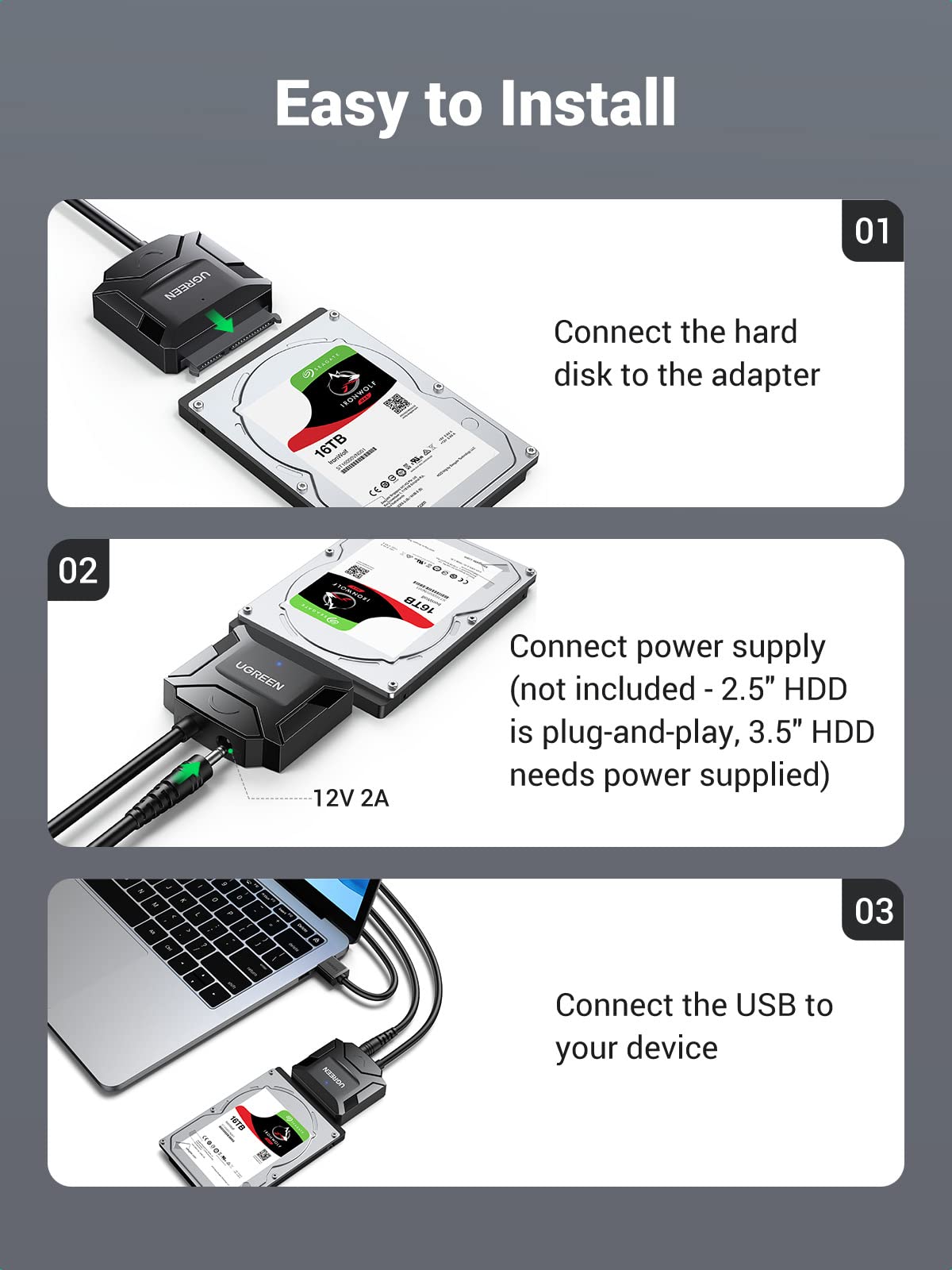 UGREEN SATA to USB 3.0 Adapter Cable for 3.5 2.5 Inch SSD/HDD Hard Drive Reader SATA III Hard Drive Disk Converter Support UASP Compatible with Samsung Seagate WD Hitachi with 12V Power Adapter