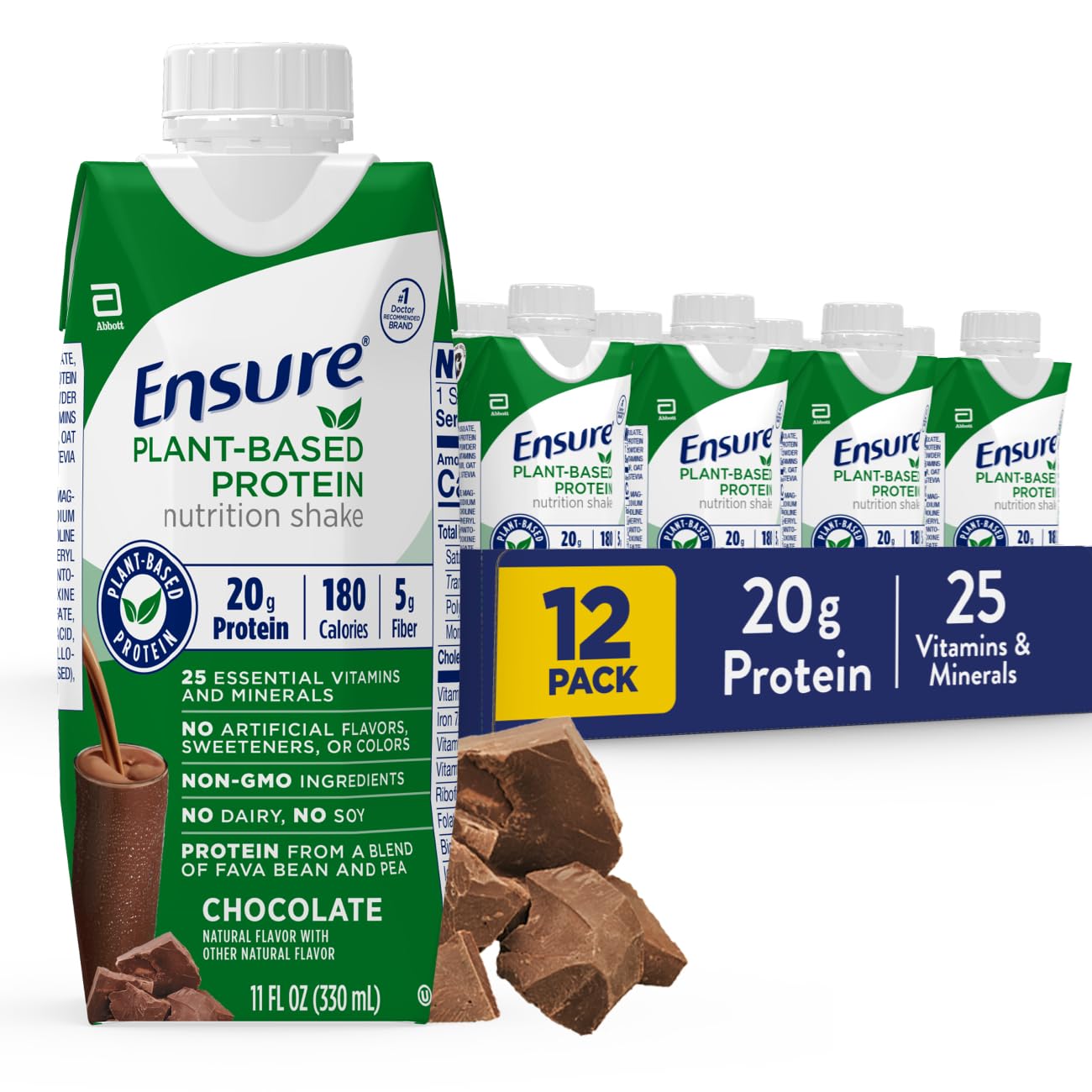 Ensure 100% Plant-Based Vegan Protein Nutrition Shakes with 20g Fava Bean and Pea Protein, Chocolate, 11 Fl Oz, 12 Count