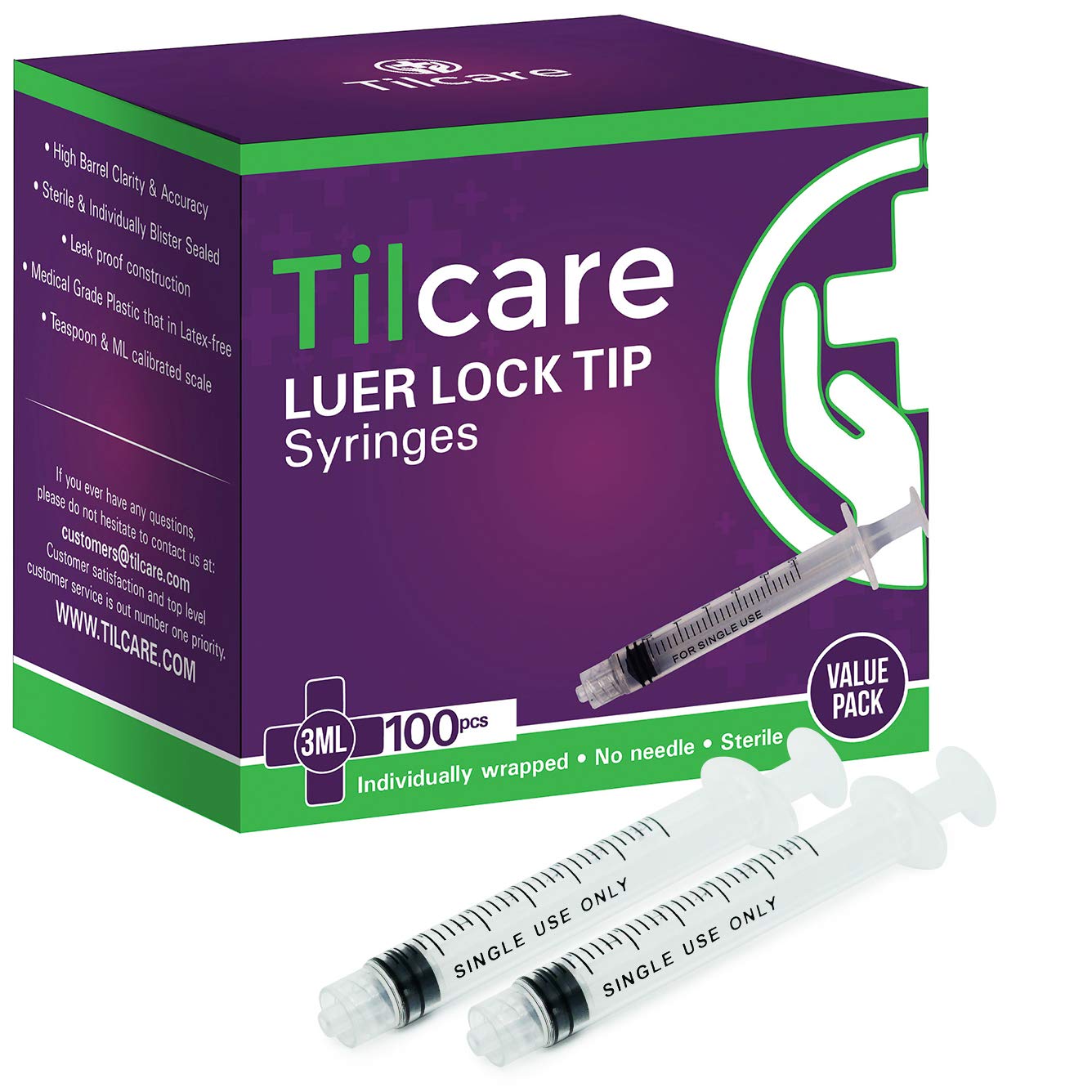 3ml Syringe Without Needle Luer Lock 100 Pack by Tilcare - Sterile Plastic Medicine Droppers for Children, Pets or Adults – Latex-Free Oral Medication Dispenser - Syringes for Glue and Epoxy