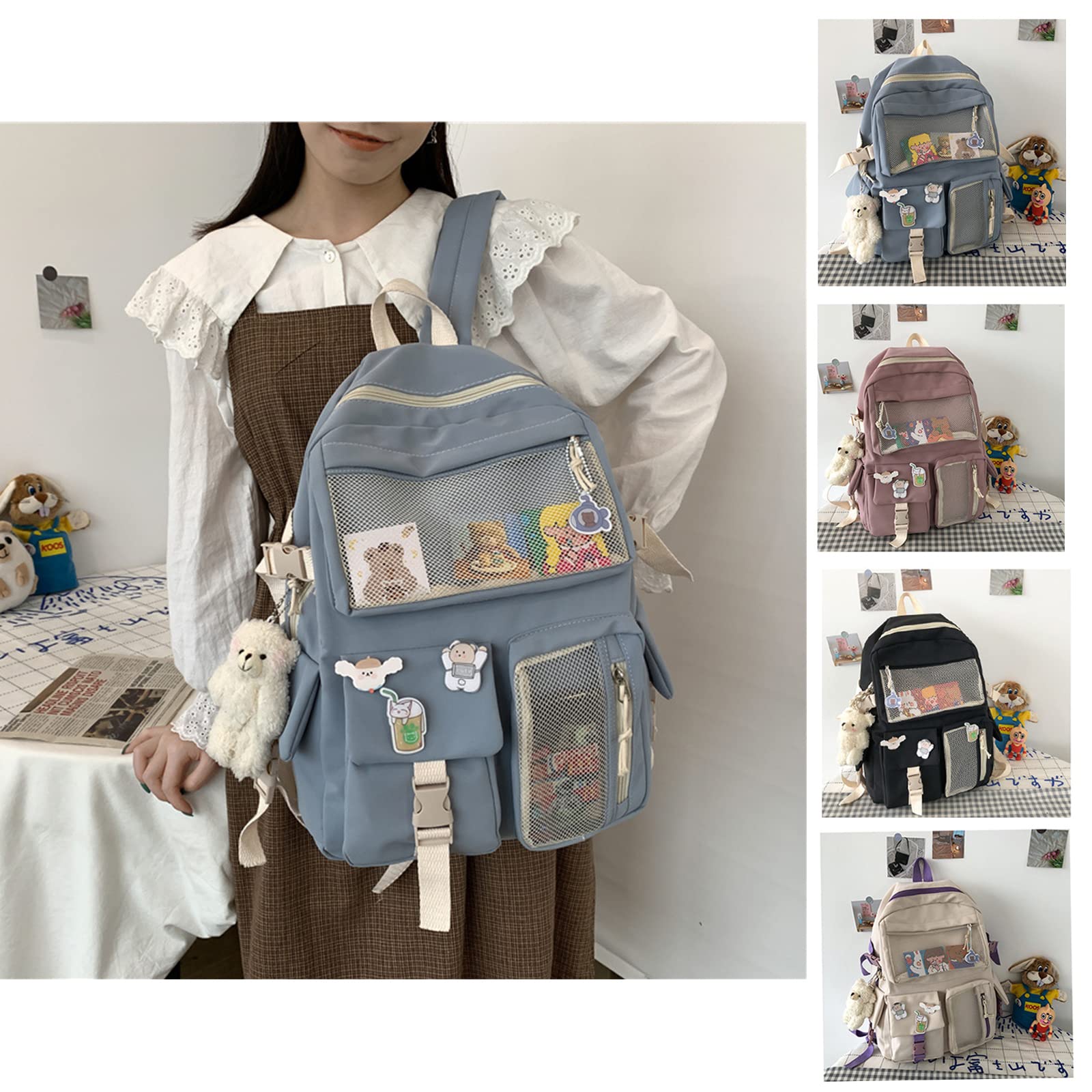 Eagerrich Cute Backpack with Cute Pin Accessories Plush Pendant for School Bag Student Girl Backpack Super-Capacity Waterproof Travel Backpack(Blue)