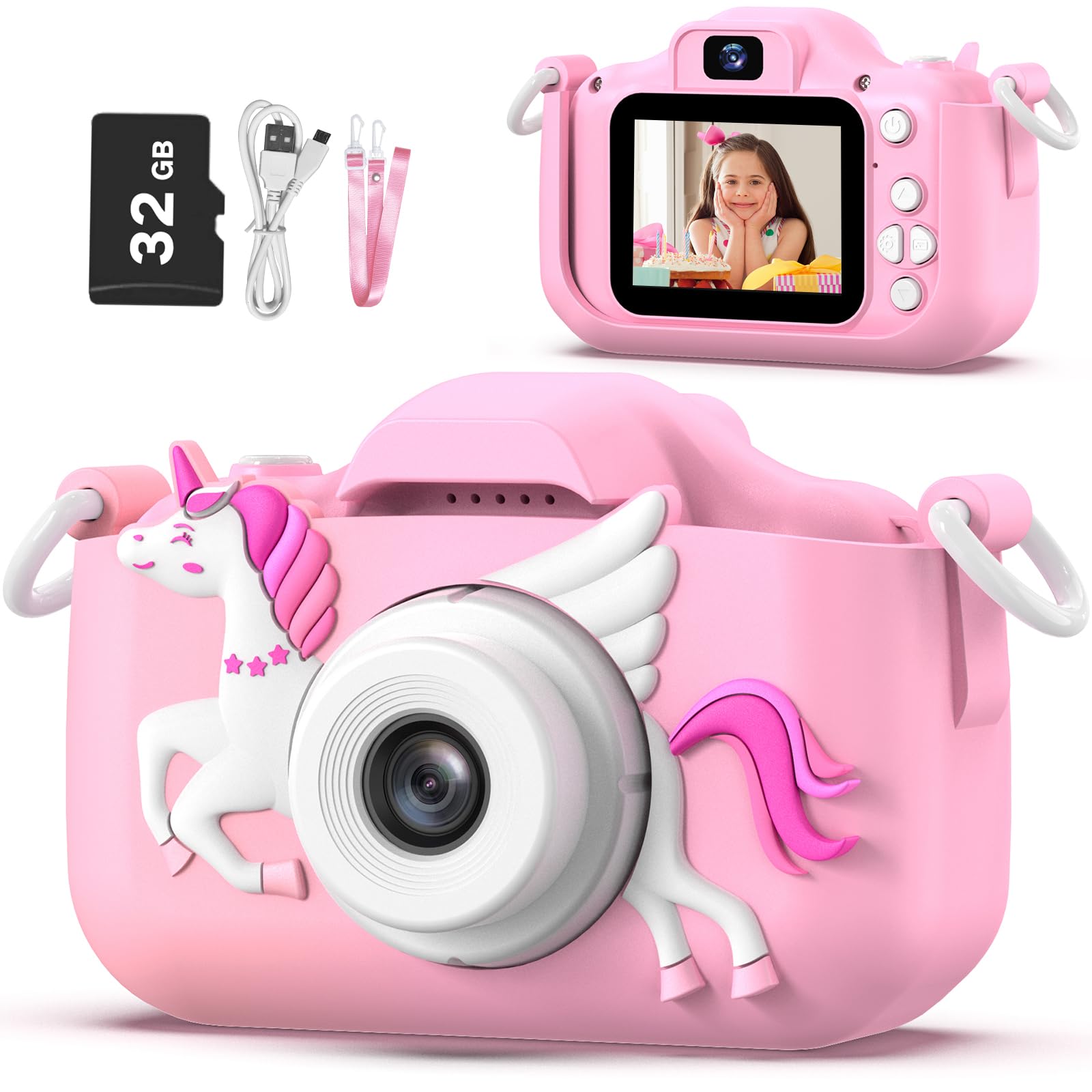 OUTUVAS Unicorn Kids Camera for Girls, Selfie 3-12 Years Old Girls Christmas Birthday Gift Little Toys 3 4 5 6 7 8 9 (Pink)