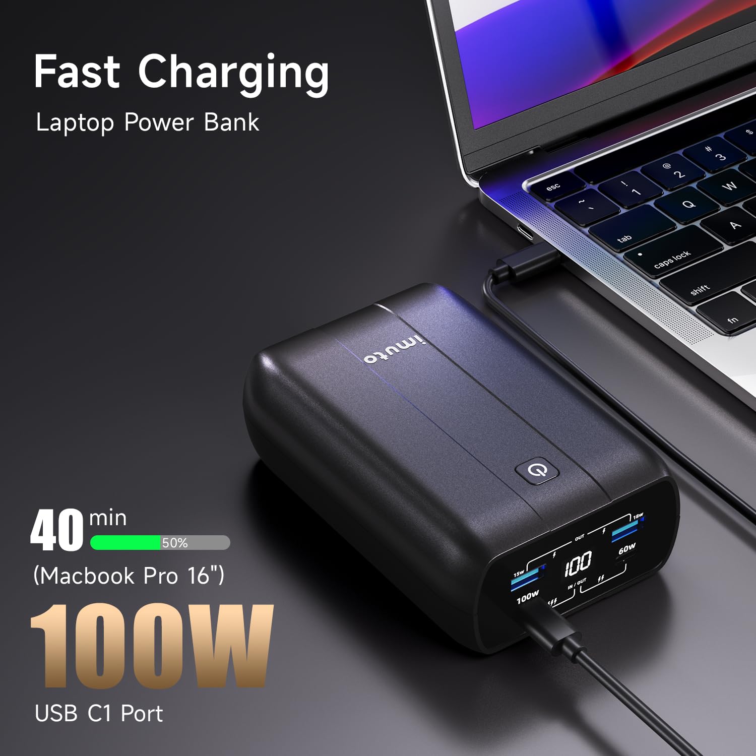 imuto 100W Power Bank, 26800mAh High Capacity 4-Output Laptop Portable Charger, Fast Charging USB C PD3.0 External Battery Pack for MacBookPro, Dell, XPS, Steam Deck, iPad Pro, Tablet, iPhone 15 14