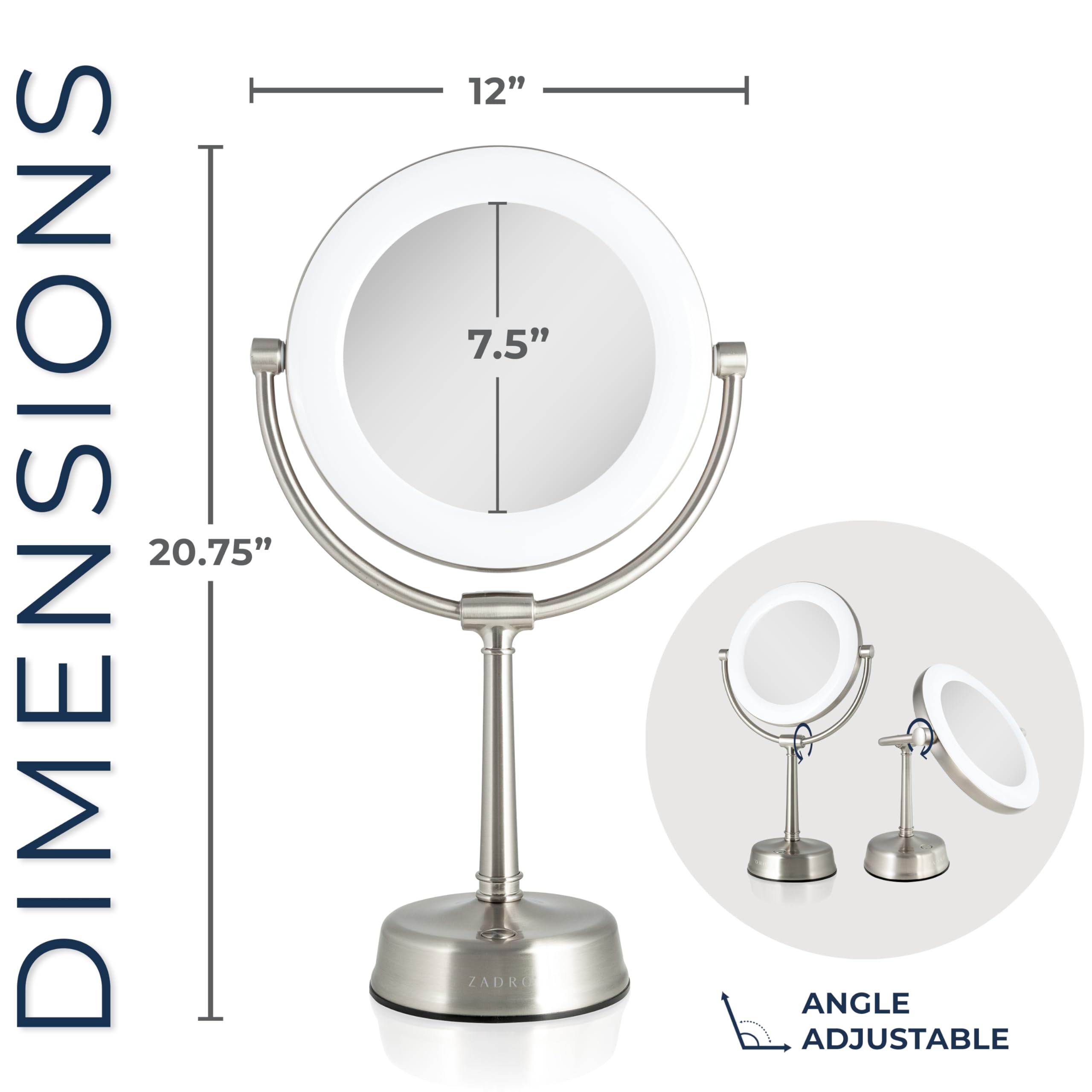 Zadro Lexington LED Lighted Makeup Mirror with Magnification Two-Sided Swivel Mirror with Lights for Makeup Desk Vanity (10X/1X, 12" W x 20" H, 10" Head, 7.5" Mirror, Satin Nickel)