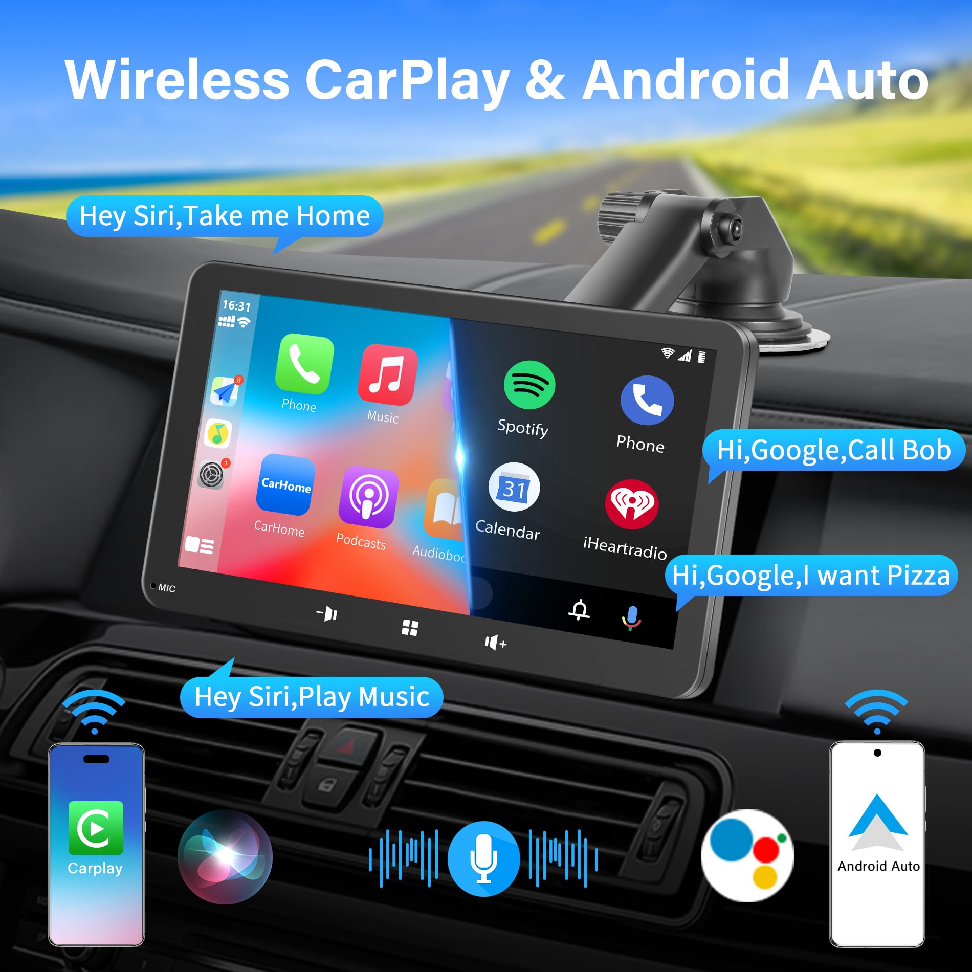 Car Play Screen Portable Wireless CarPlay & Android Auto Carplay Display 7’ HD Touchscreen for Car Stereo Backup Camera Car Radio with Mirror Link/Airplay/BT Hands-Free Call/Mic/TF/USB/AUX