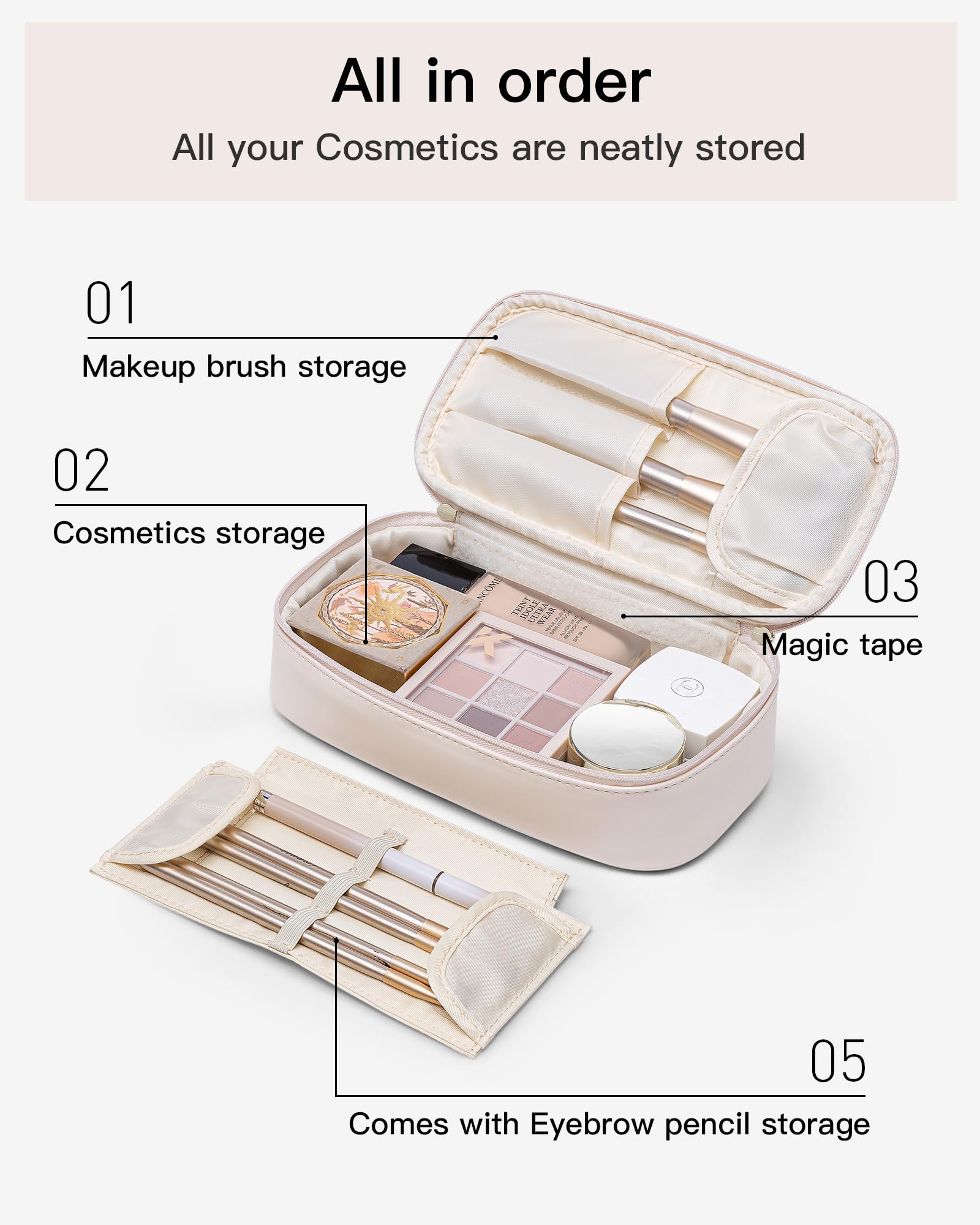 Vlando Travel Makeup Bag,Small Makeup Bag for Women,Christmas Gifts for Women Girls, Makeup Pouch Purse Travel Essentials Toiletries-Apricot White