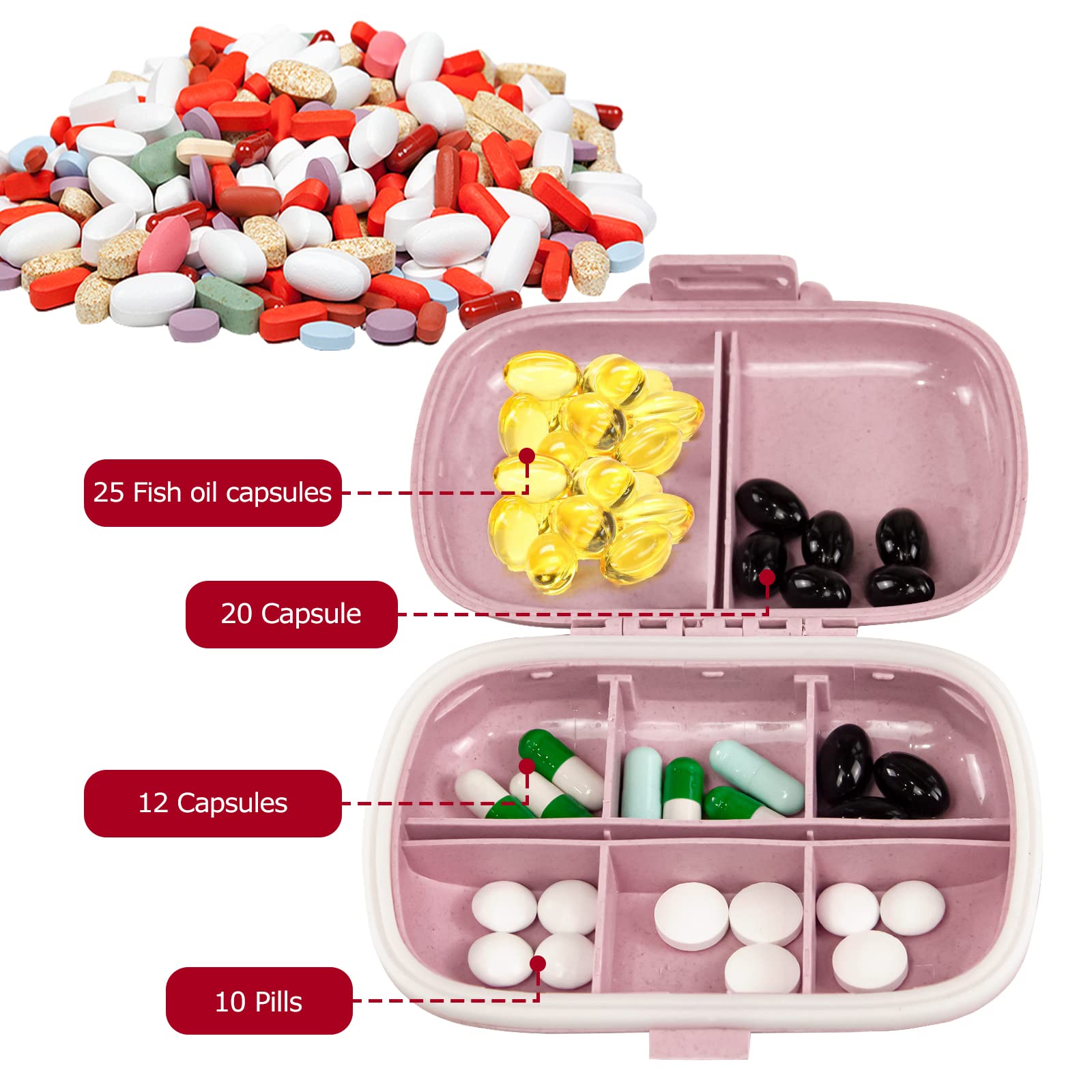 1Pack Travel Pill Organizer, 8 Compartments Portable Pill Case, Small Pill Box for Pocket Purse Portable Medicine Vitamin Container Pink