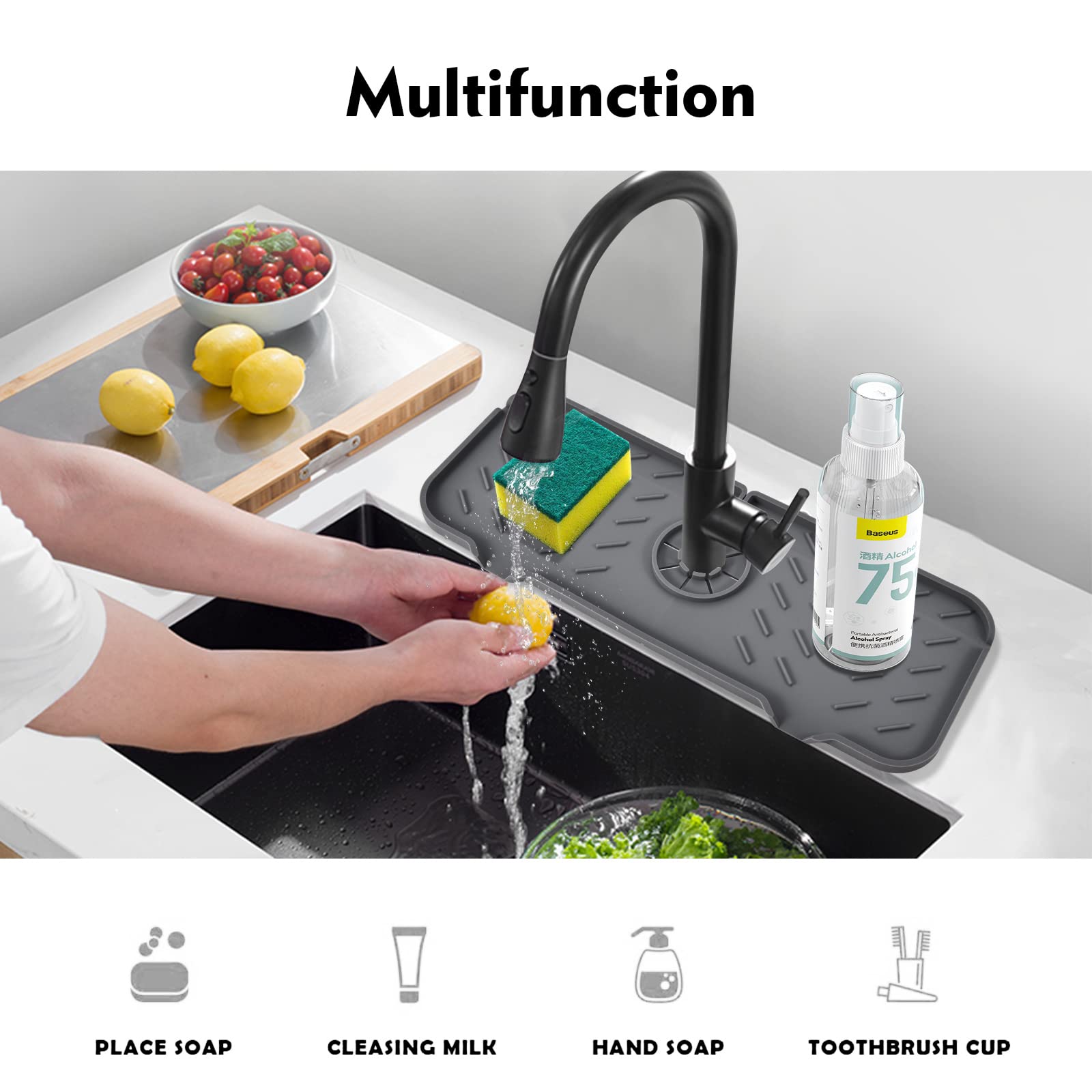 Kitchen Sink Splash Guard15.4"*5.5", Upgraded Faucet Splash Guard with Steep-Slope Drainage and Anti-Slip Silicone Mat, For Kitchen, Bathroom, Farmhouse Faucet Handle Drip Catcher Tray