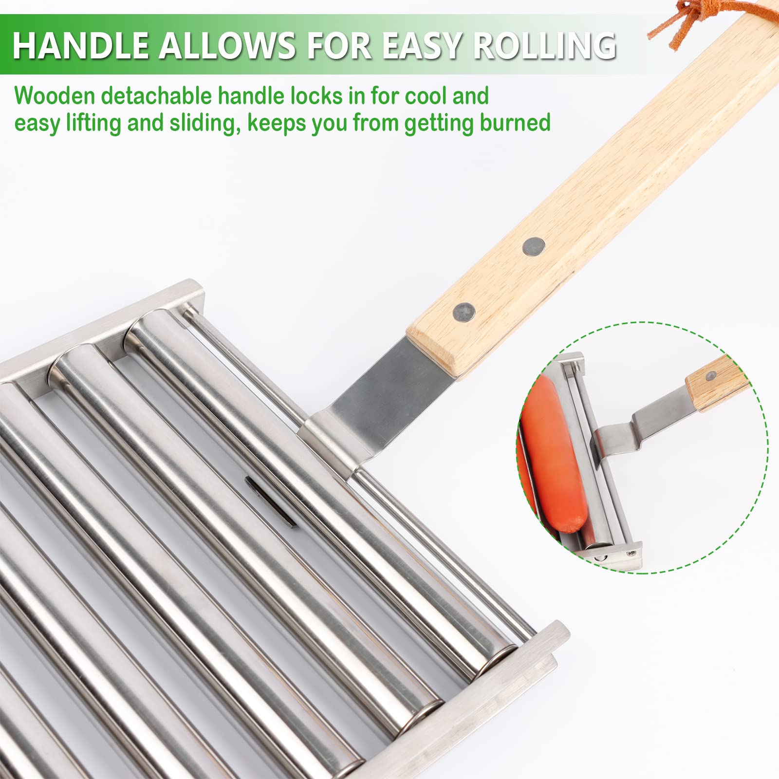 KAYCROWN Hot Dog Roller Stainless Steel Sausage Roller Rack with Extra Long Wood Handle, BBQ Hot Dog Griller For Evenly Cooked Hot Dogs, 5 Hot Dog Capacity