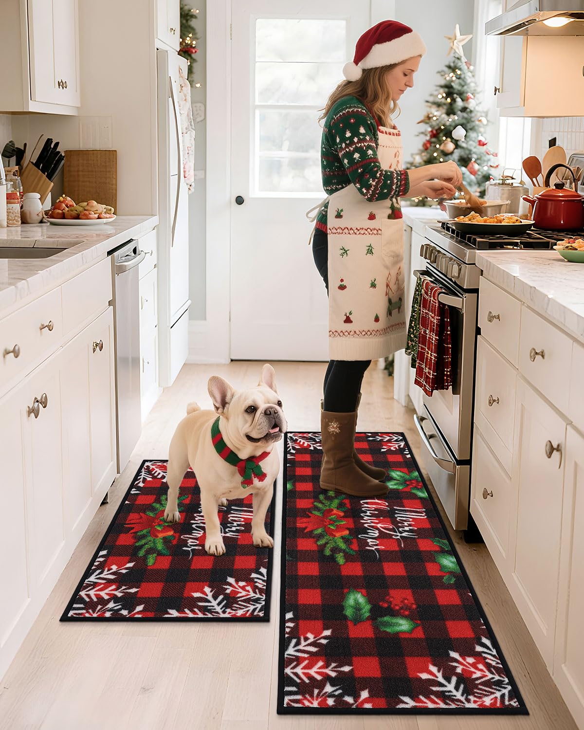 JSEI Christmas Kitchen Mats for Floor Set of 2, Red Buffalo Plaid Non-Slip Kitchen Rugs Merry Christmas Bow Tree Snowflake, Kitchen Floor Mat Washable Christmas Rug for Kitchen Decor, 17"x30"+17"x48"