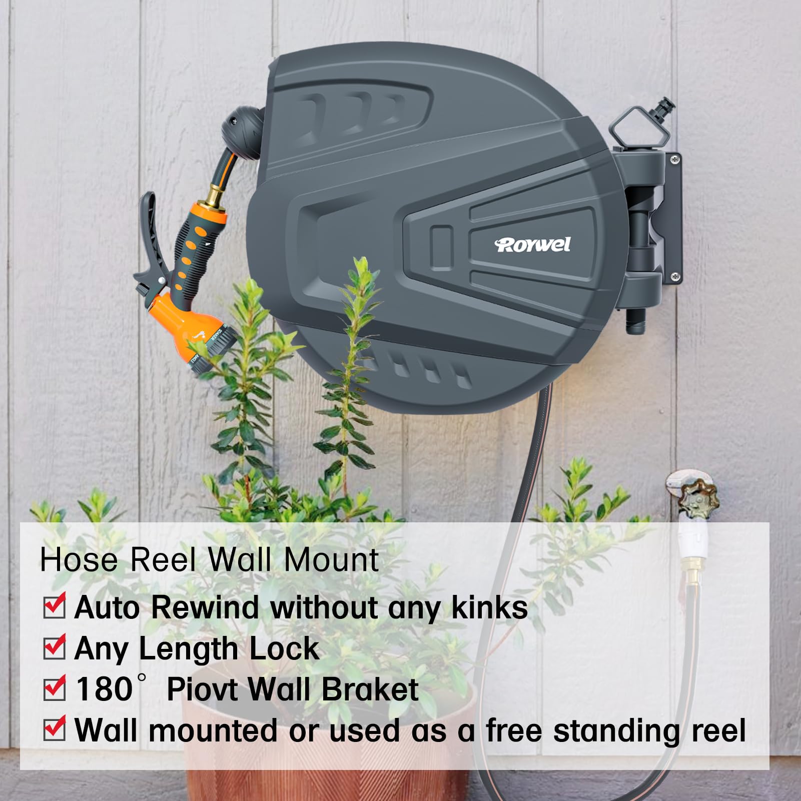 Roywel Retractable Hose Reel 1/2" X 100ft Garden Hose Reel,Auto Rewind/Self-Locking System/Wall Mounted/180°Pivot Bracket With 9- Function Sprayer Nozzle For Garden Lawn Garage watering