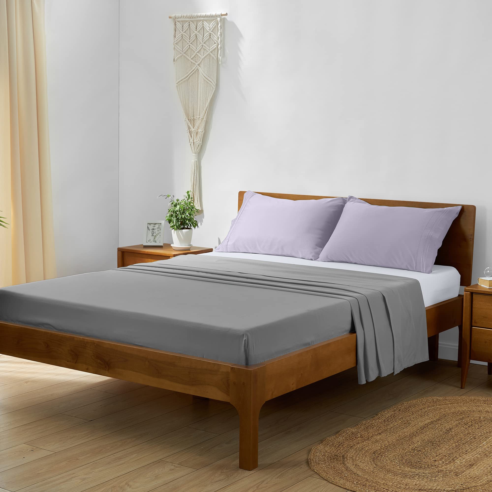 Mellanni California King Bed Sheet Set Colorful Bundle&Save - Luxury Bedding - Bundle Includes: White Cal King Fitted Sheet, Light Gray Cal King Flat Sheet and Lavender King 2 Pillowcases