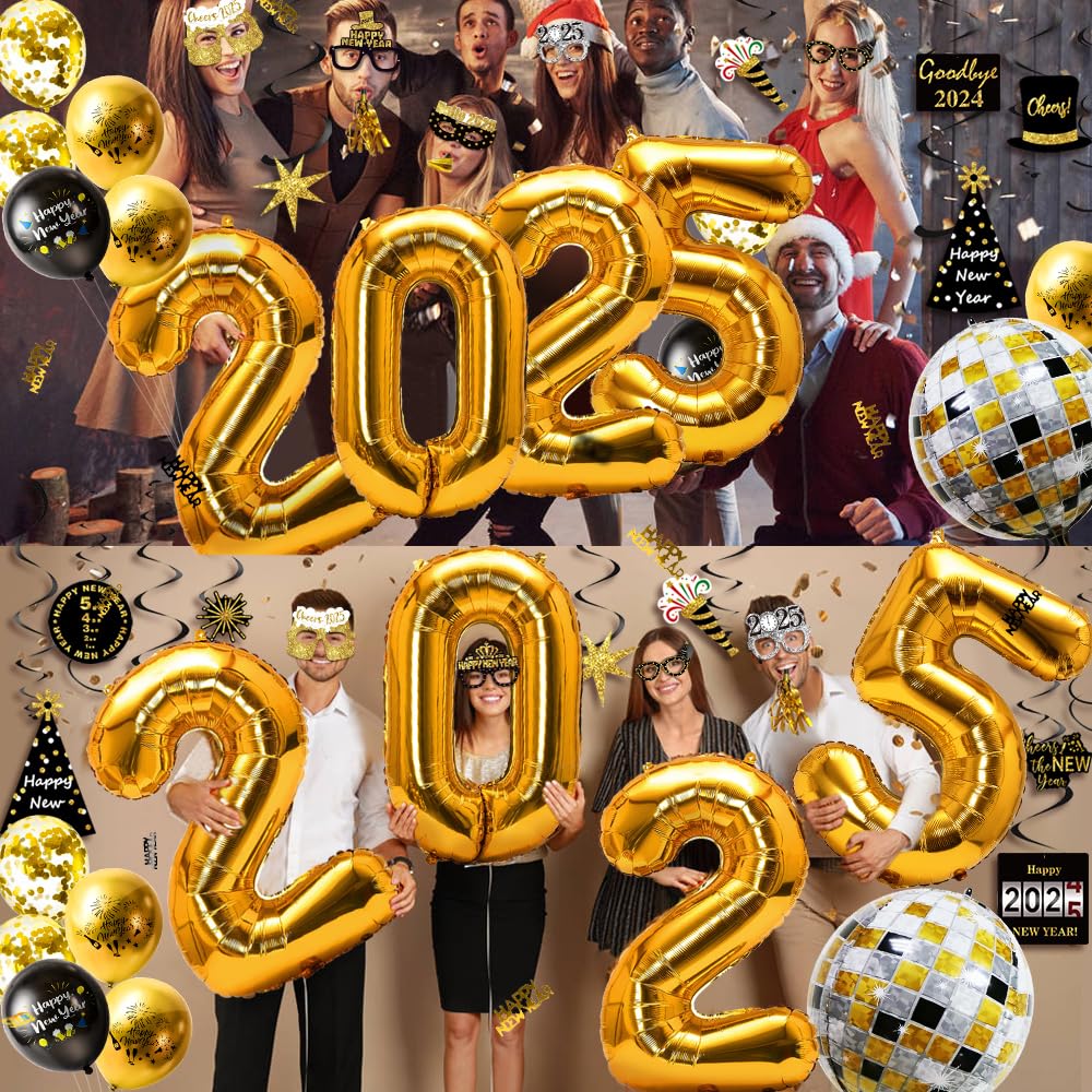 MOVINPE New Years Eve Party Decorations 2025 Black Gold, Happy New Year Party Supplies, Banner Pompoms Number Balloon Fringe Curtain Photo Booth Props Hanging Swirl Squawkers Blowouts