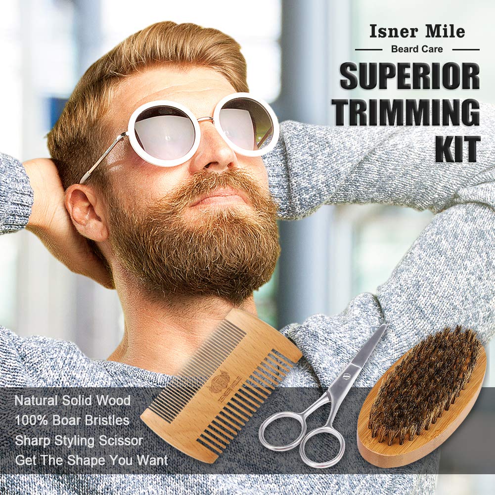 Isner Mile Beard Kit for Men, Grooming & Trimming Tool Complete Set with Shampoo Wash, Beard Care Oil, Balm, Brush, Comb, Scissors & Storage Bag, Birthday Gifts for Him Men Dad Father Boyfriend