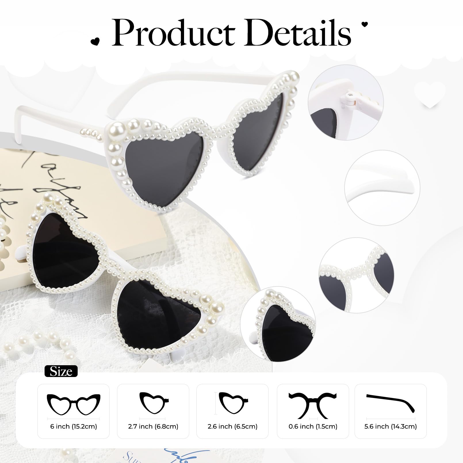 YOGFIT Heart Pearl Sunglasses for Women Fashion Classic Love Eye Protection Sunglasses Vintage Cute White Heart Sunglasses