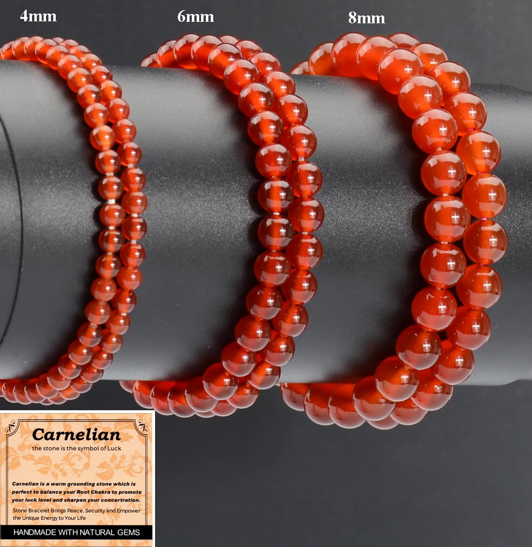 Massive Beads Carnelian - Stone of Luck - Handmade Yoga Stretch Elastic Bracelet Natural Stone Crystal Healing Power Energy Gifts for Unisex Adult 4mm