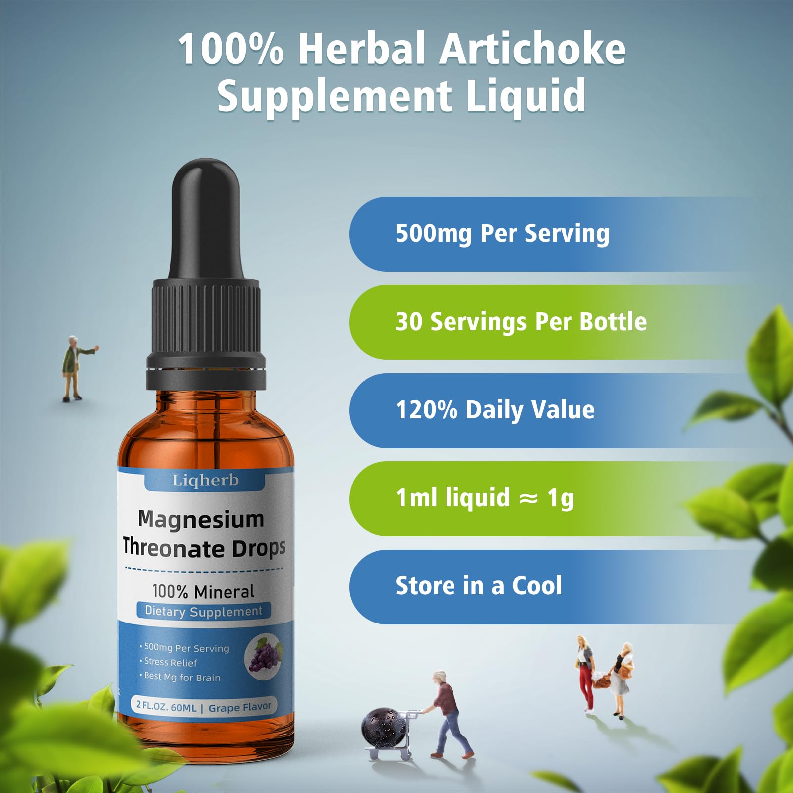 Magnesium Threonate Liquid 500mg, for Adults &Kids, Vegetable Glycerin Base with Better Dissolve, Best Mg for Brain Health, Stress & Muscle Relief, Nerve Health, Non-GMO, Gluten-Free, Vegan, 2 FL.OZ.