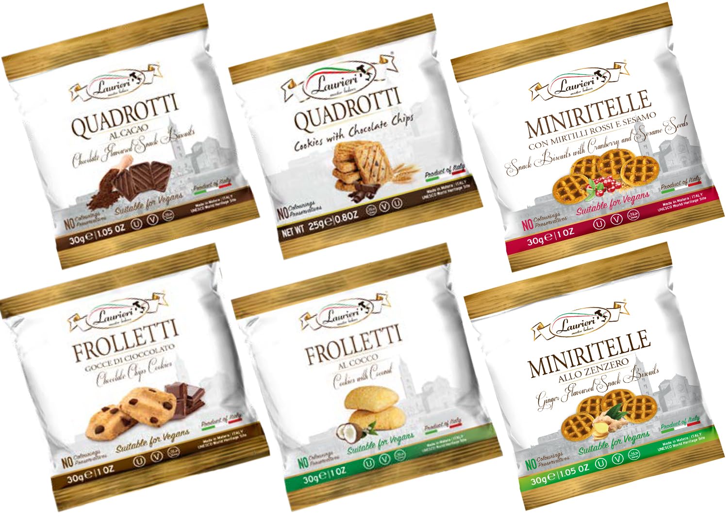 Cookies Variety Pack - Shortbread Cookie Gift Box - Assortment of 30 Packs - Gourmet Italian Cookies Individually Wrapped - Tea Cookies - Chocolate, Chocolate Chips, Coconut, Cranberry & Sesame, Ginger & Cinnamon - Kosher, Vegan