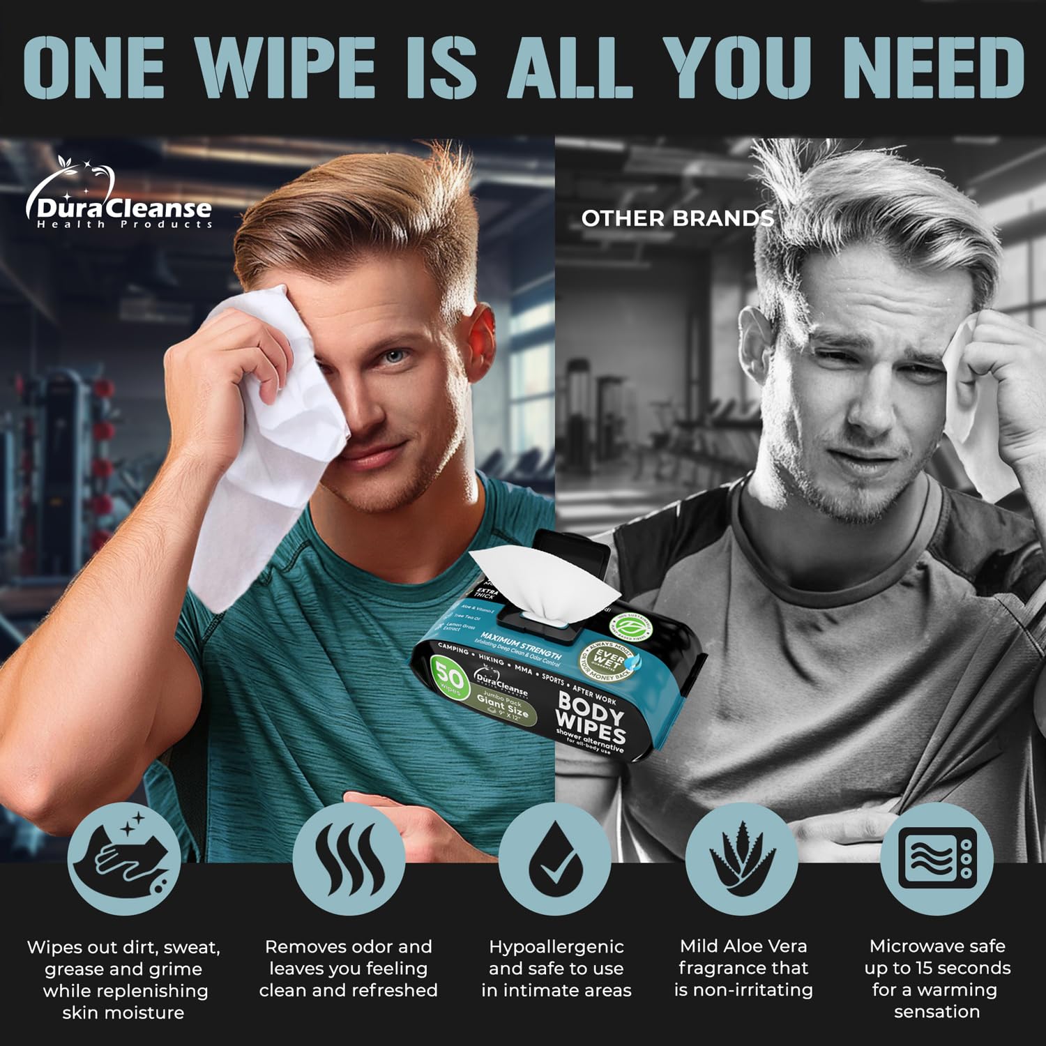 Body Wipes for Men - 50 XL No Rinse Shower Wipes + 4 Travel Bath Wipes - 9"x12" After Gym Wipes - Mens Deodorant Wipes - Face Wipes for Men -For Camping Essentials, Survival Gear and Supplies