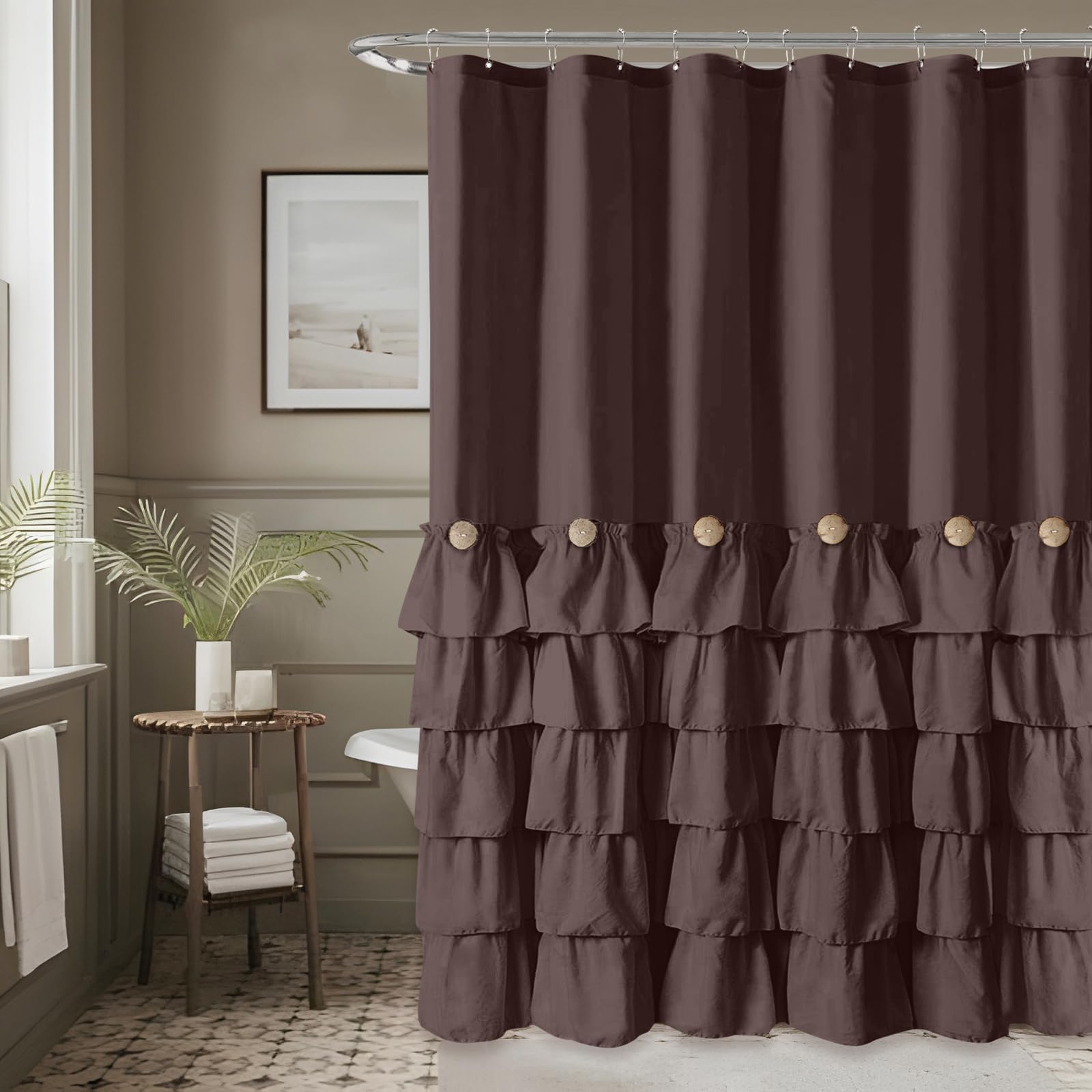 Seasonwood Brown Shower Curtains for Bathroom 72x72 Inch Dark Brown Ruffle Shower Curtain with Natural Buttons Farmhouse Style Microfiber Fabric Shower Curtains