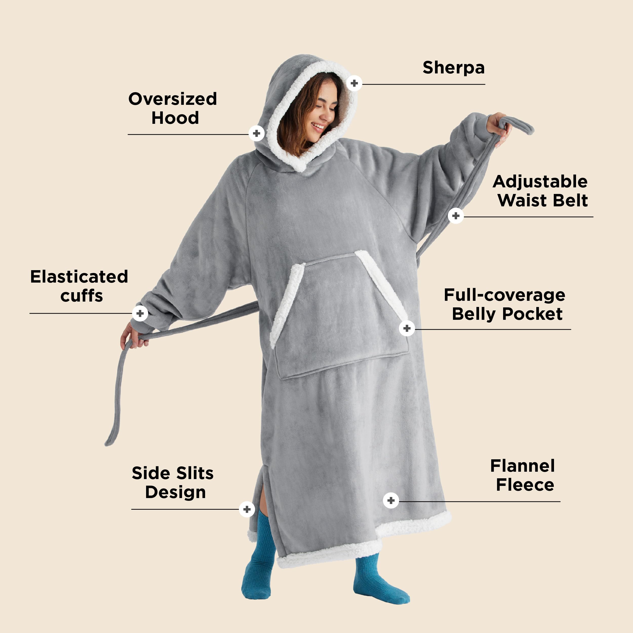 Bedsure Wearable Blanket Hoodie Women - Long Sherpa Warm Cozy Hooded Blanket Sweatshirt for Adult Gifts for Women Men, Standard, Grey