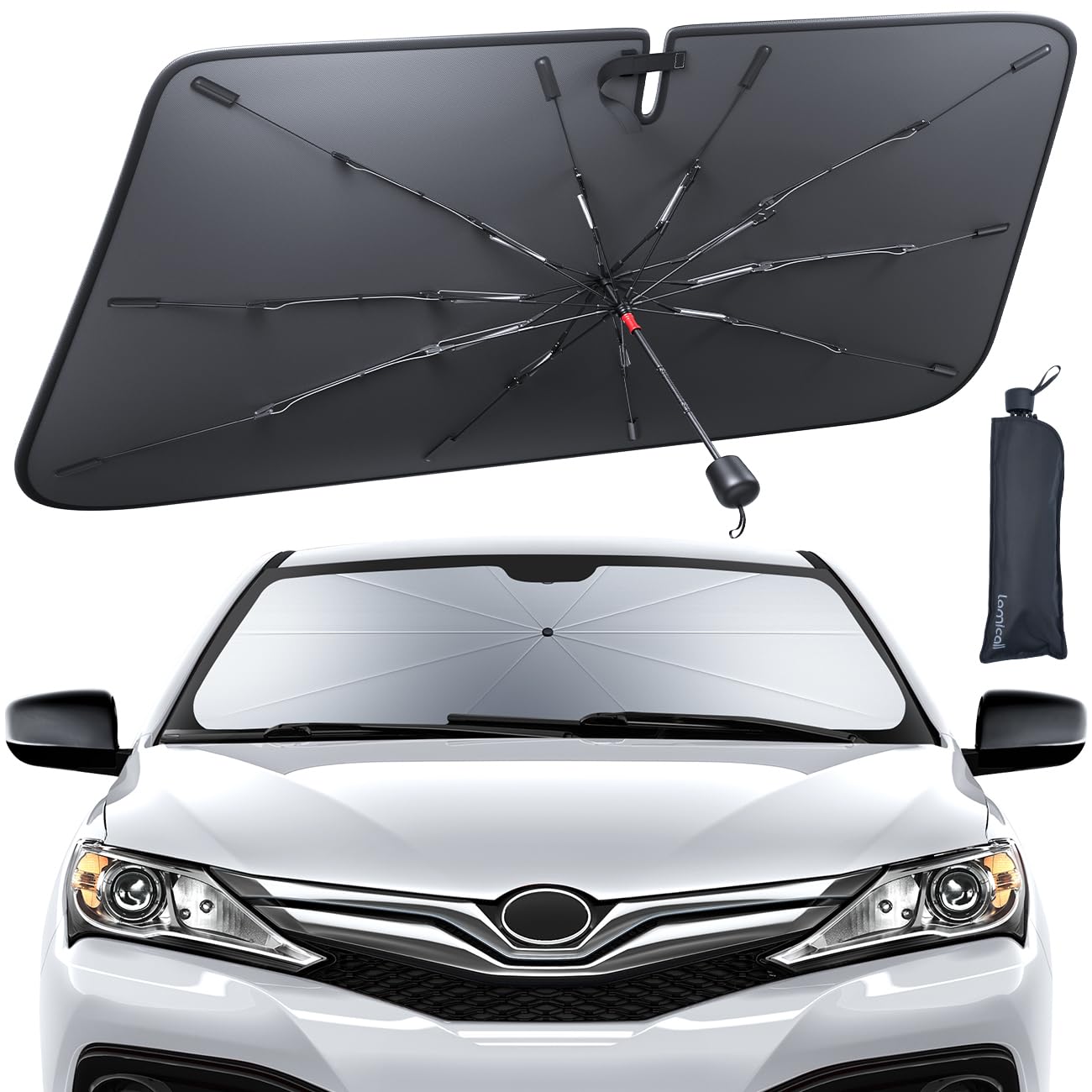 Car Windshield Sun Shade Umbrella - Lamicall [10 Fiberglass Ribs][5 Layers Nano Coating] Foldable Front Window Sunshade, Car Interior Protection, Windshield Cover for Sedan, SUV, (57"x32")