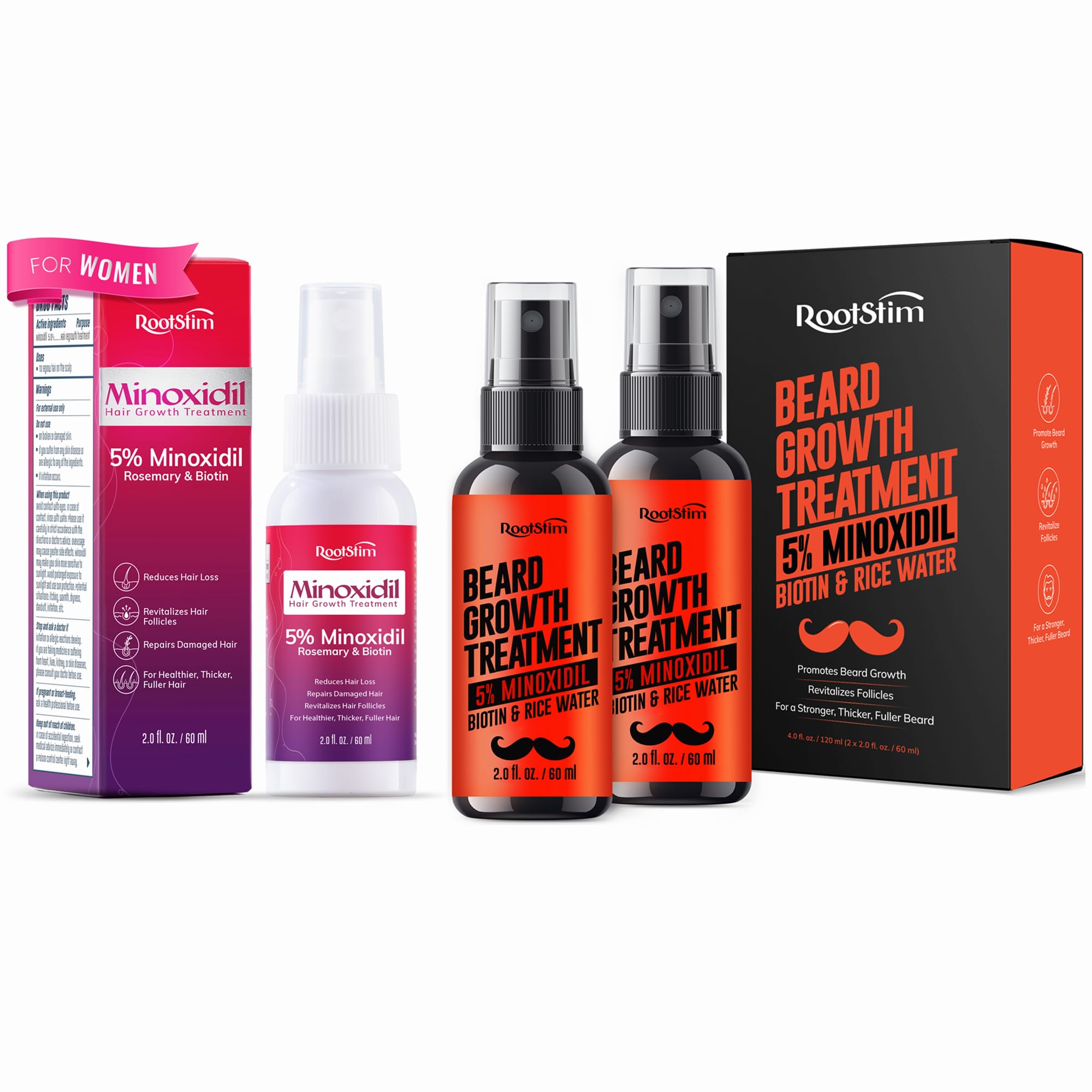 Women’s Hair Growth Spray with Rosemary & Biotin + Men’s Beard Growth Serum with Biotin & Rice Water – Extra Strength Hair & Beard Regrowth Bundle for Thicker, Fuller Results