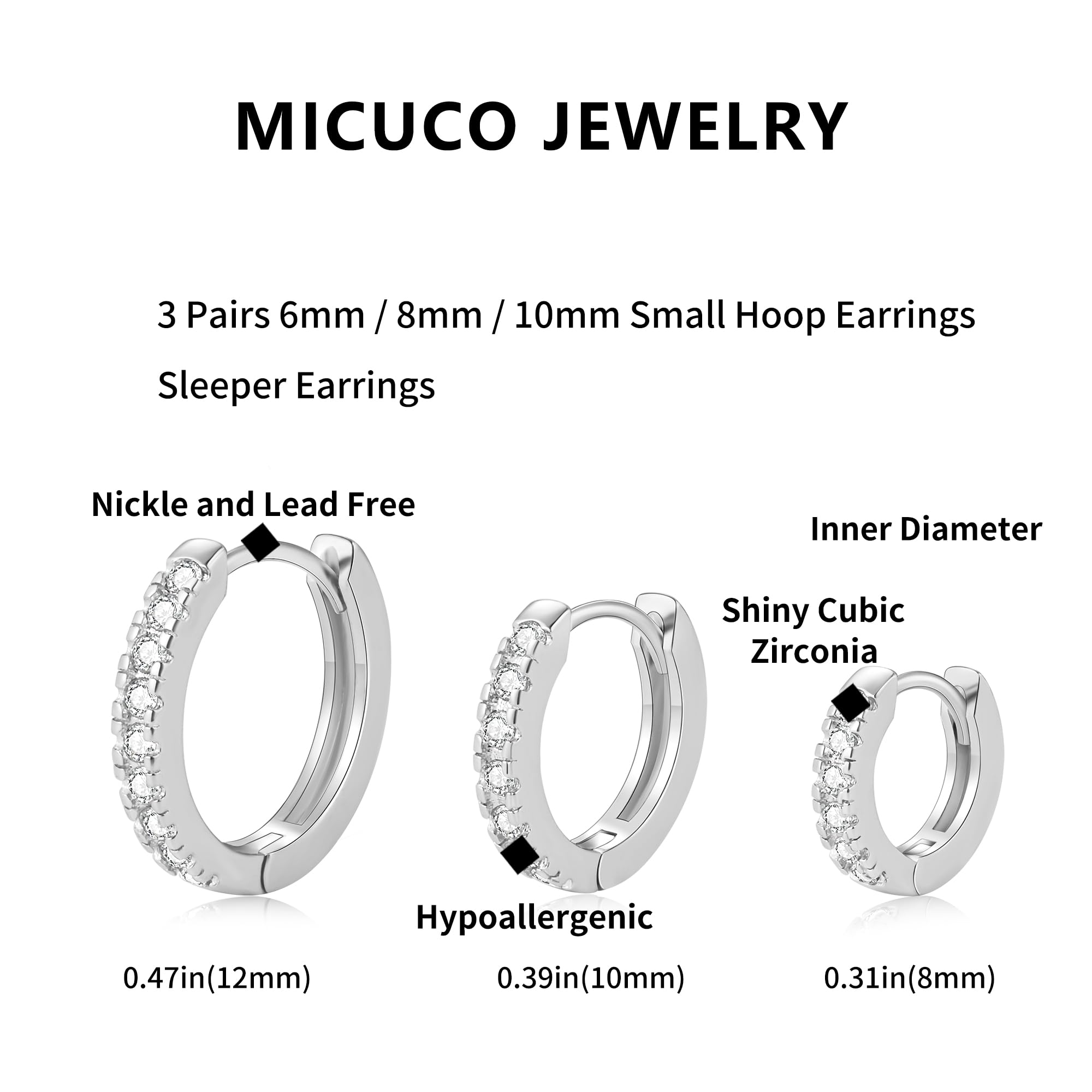 micuco 3 Pairs Small Hoop Earrings Tiny Cartilage Earrings for Women Cubic Zirconia Earrings White Gold Plated Huggie Hoop Ear Piercing Earrings for Men Silver Plated 8mm 10mm 12mm