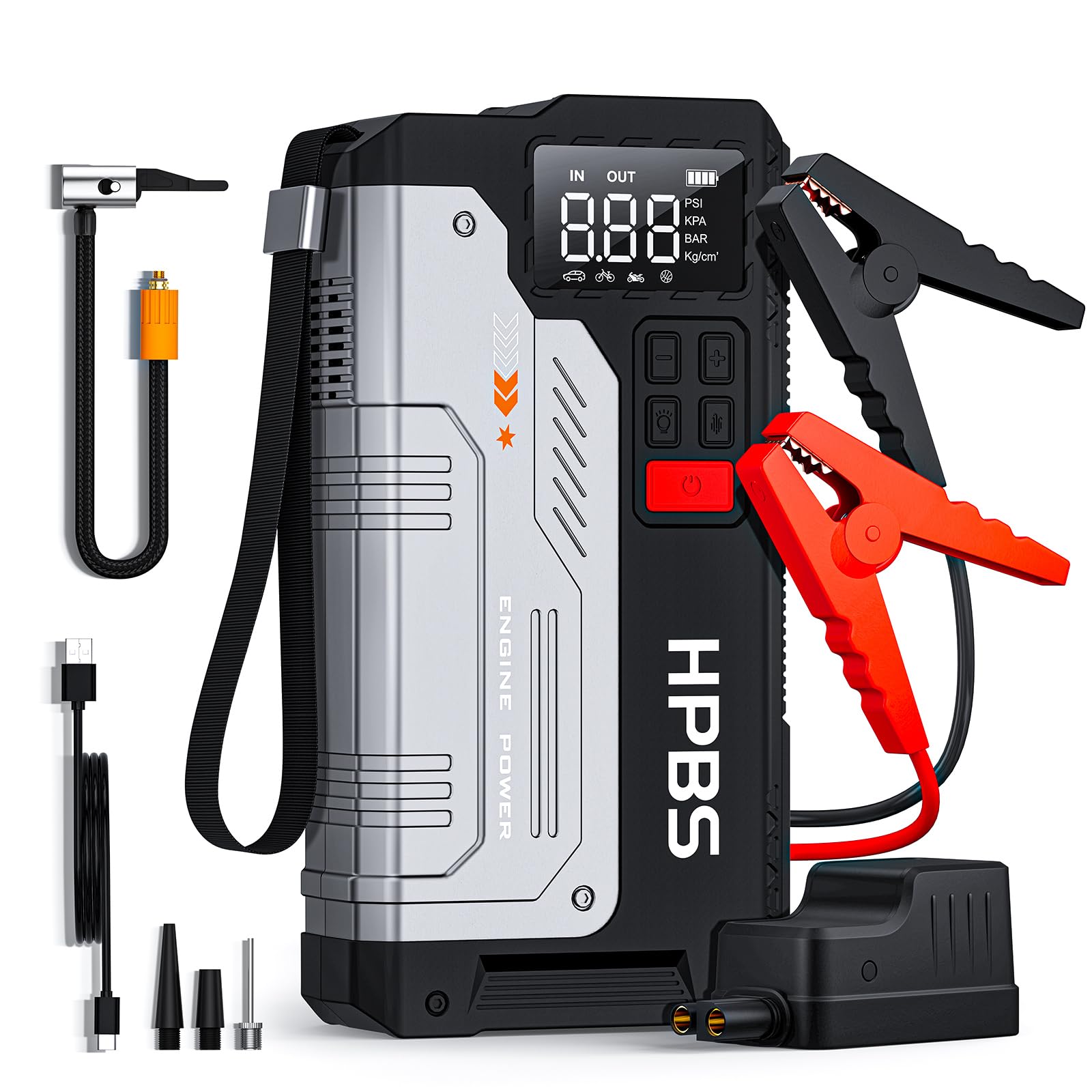 HPBS Jump Starter with Air Compressor - 2500A Portable Car Jump Starter with 150 PSI Tire Inflator for Up to 8.0L Gas and 6.5L Diesel Engines, 12V Jump Starter Box with LCD Display