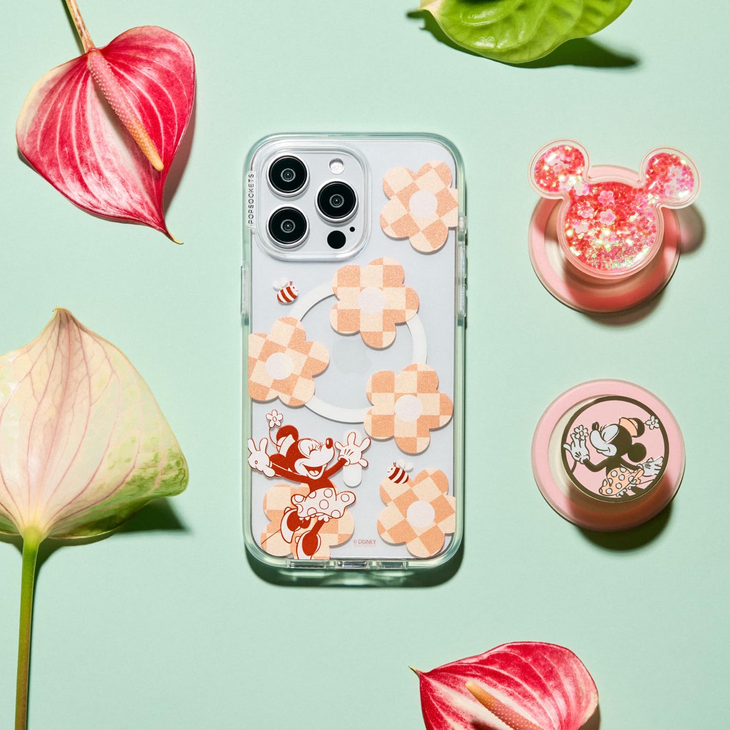 PopSockets iPhone 14 Pro Case with Phone Grip and Slide Compatible with MagSafe, Phone Case for iPhone 14 Pro, Wireless Charging Compatible, Disney - Minnie Checker Flower