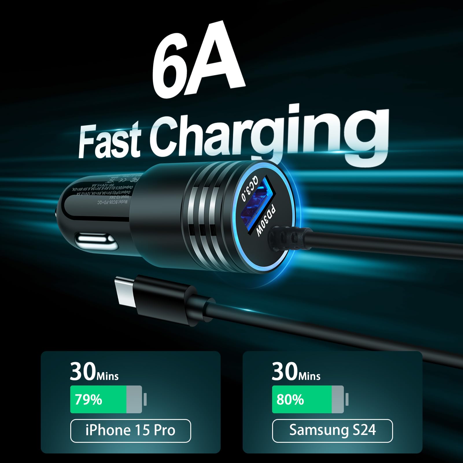 Samsung S24 Ultra Car Charger 48W USB C Cord Fast Charging for Galaxy S24 Plus A16 5G A15 A35 A55 A25 S23 FE S22 S21 A54 iPhone 16 Pro,Dual Port Car Plug Android Charger Phone Adapter 3FT USB-C Cable