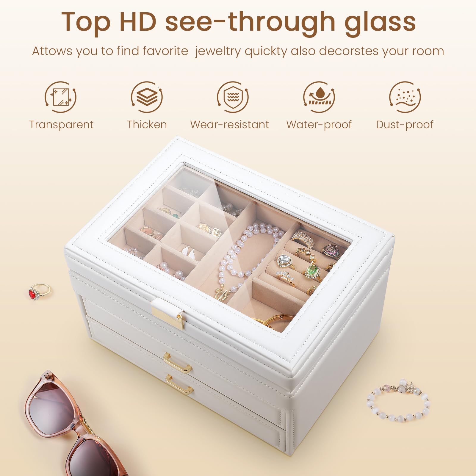 Souroyea 3 Layer Jewelry Box, Jewelry Boxes & Organizers, Jewelry Holder Organizer With Glass Lid, Jewelry Organizer for Big and Small Jewelry, Earring Organizer, 2 Drawers Jewelry Boxes for Women