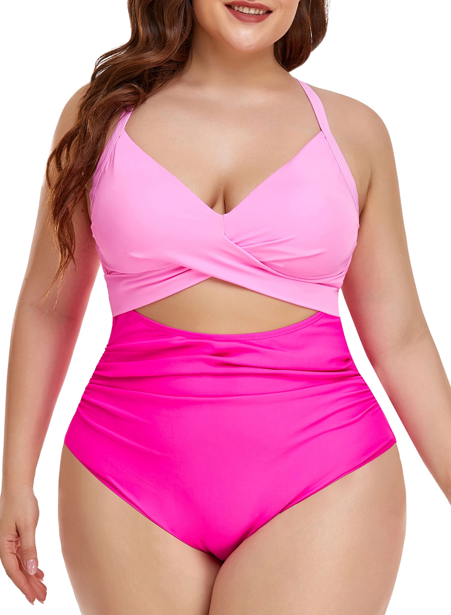 Eomenie Women's One Piece Swimsuits Tummy Control Cutout High Waisted Bathing Suit Wrap Tie Back 1 Piece Swimsuit Pink Color Block