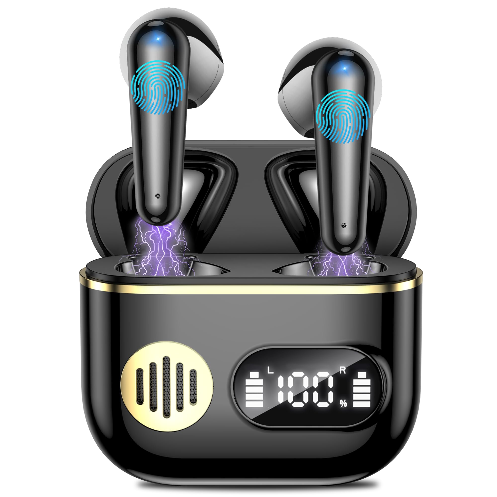 Wireless Earbuds 2024 Sport Bluetooth Headphones Stereo Earphones with ENC Mic Wireless Earphones In Ear Earbuds with Dual LED Display, 48H Playtime, Running Headphones IP7 Waterproof, Ceramic Black