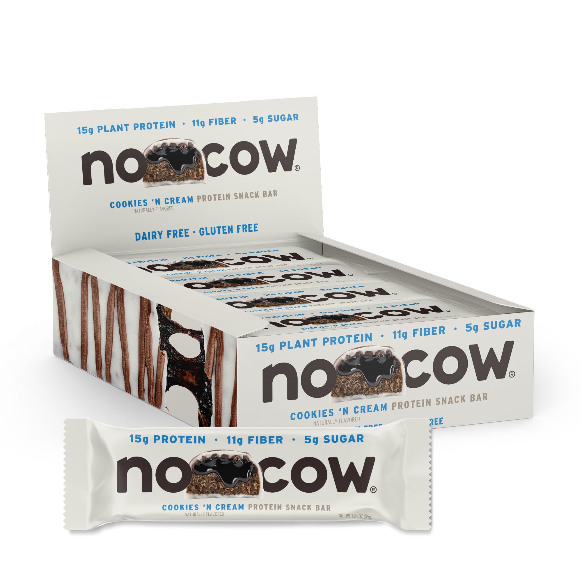 No Cow Vegan Protein Bars with Low Sugar & High Protein, 15g Plant Based Protein & 10g Fiber Snacks for On-the-Go Nutrition & Post-Workout, Gluten-Free, Dairy-Free (Cookies ‘n Cream, 12 Count)