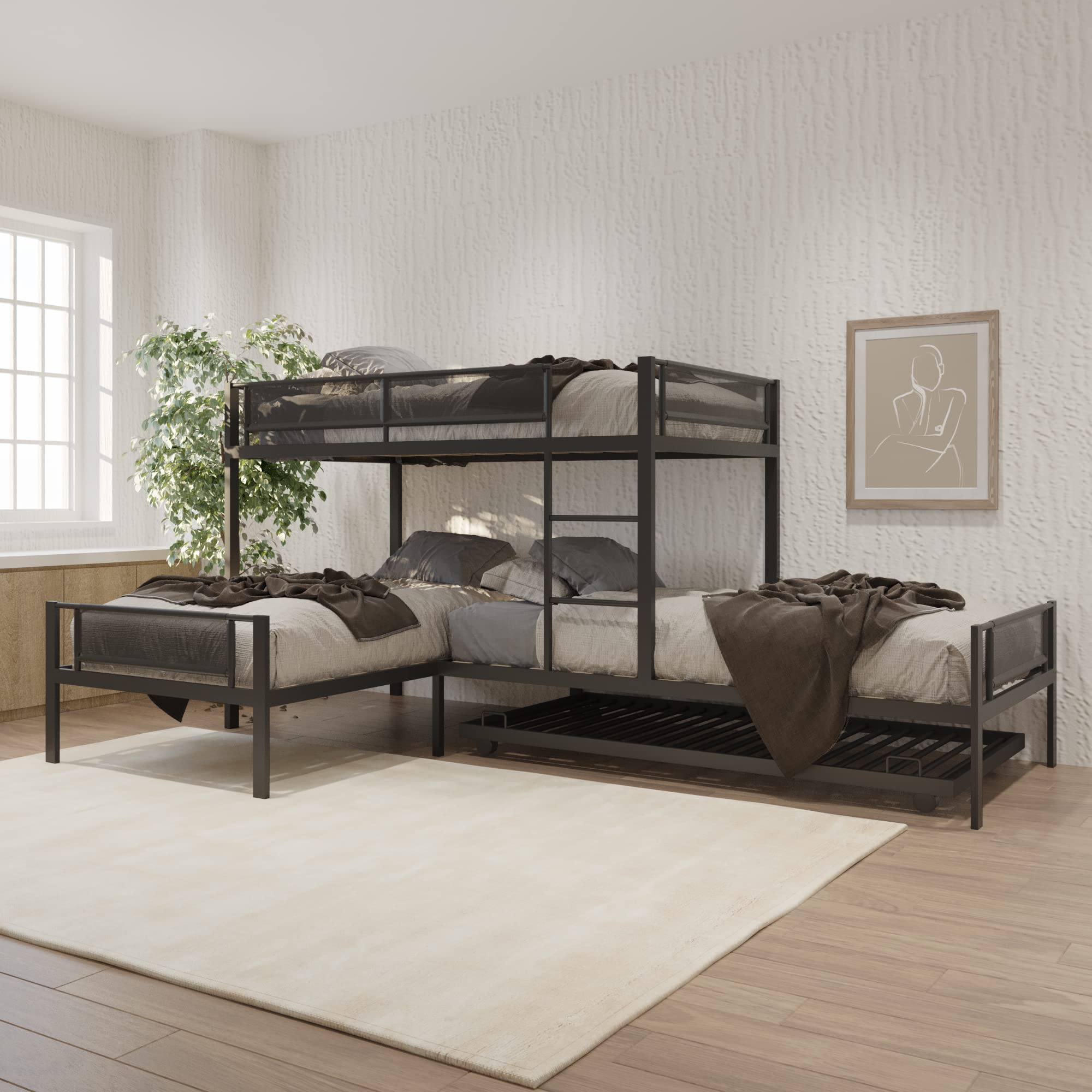 LostCat L-Shape Triple Bunk Bed with Trundle, Twin Over Twin for 4 Kids, Heavy Duty Metal Frame with Safety Guardrail for School, Dormitory, Bedroom, Black