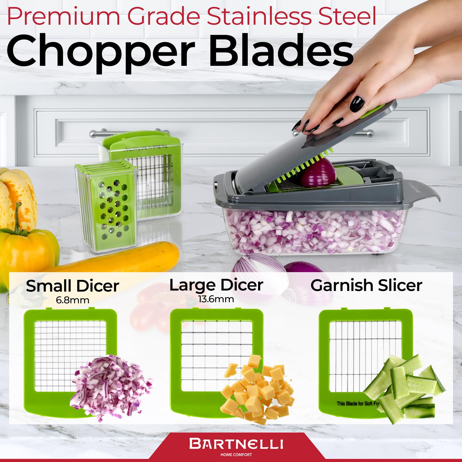 Bartnelli Vegetable Chopper Food Slicer Pro | 15 Pc MultiFuctional Kitchen Gadgets for Onion, Veggie, Cheese Grater, Vegetables Cutter With Large Container, Easy to Clean, With Bonus Brush and Fork