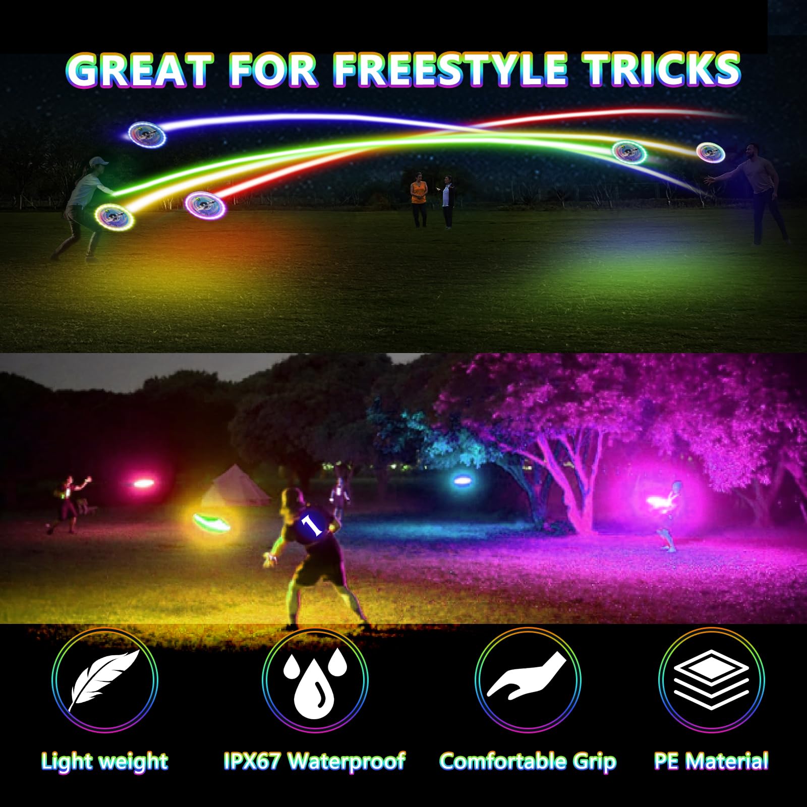 Kovshuiwe LED Flying Disc-10 Million Color 38 RGB LEDs,12 Modes,Chargeable,IP65 Waterproof,155g Frisbee,Soft Flying Discs, Adult/Men/Boys/Teens Birthday,Ideal for Outdoor,Lawn,Camping Games,Gift,White