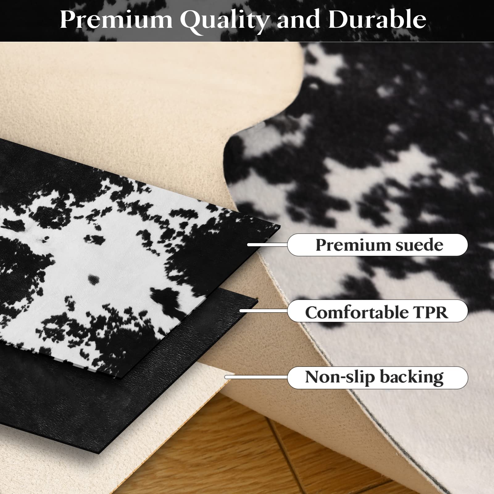 Premium Cowhide Rug, Large Cow Hide Rug for Living Room, 5.2 ft x 6.2 ft Cow Print Rugs, Faux Fur Animal Cow Hide Carpet for Bedroom Dining-Table Western Decor, Black and White