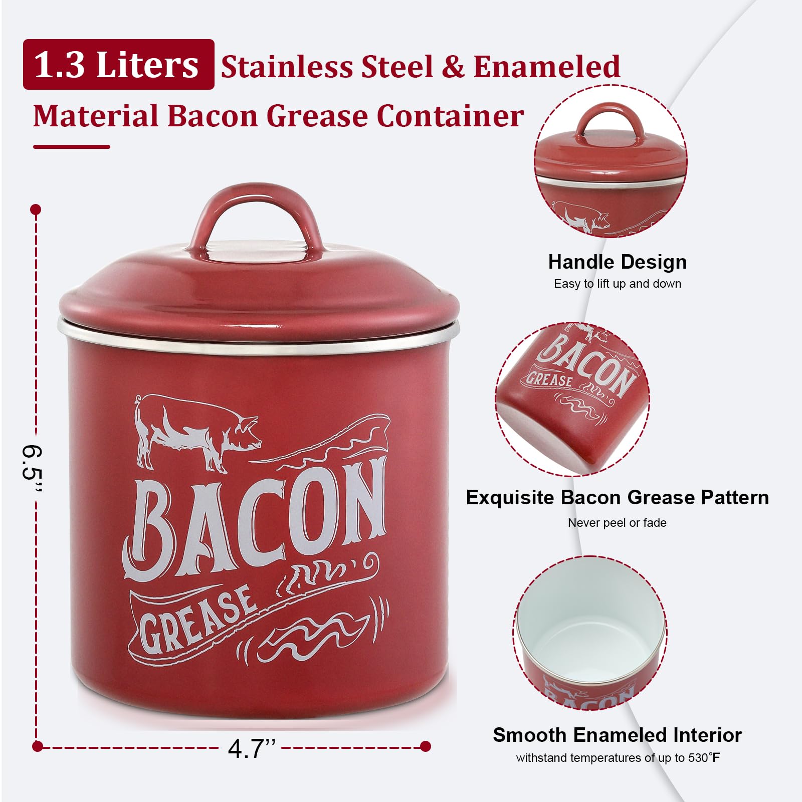 1.3L Bacon Grease Saver Container with Fine Strainer - Red Enamel & Stainless Steel Oil Keeper Can for Bacon Fat Dripping - Farmhouse Kitchen Gift & Decor Cooking Accessories - Dishwasher Safe